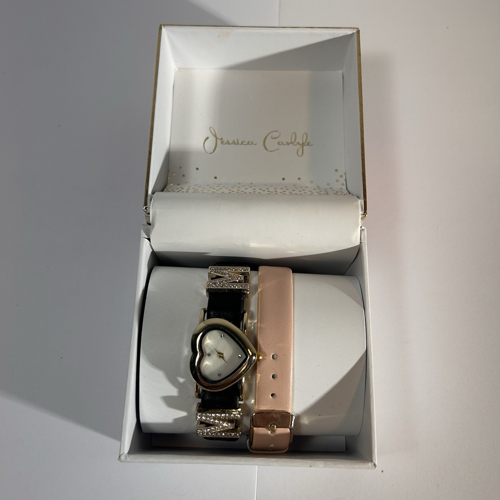 Jessica Carlyle Mom Heart Watch Gift Set Gold Tone Crystal Accents Pink Band NEW