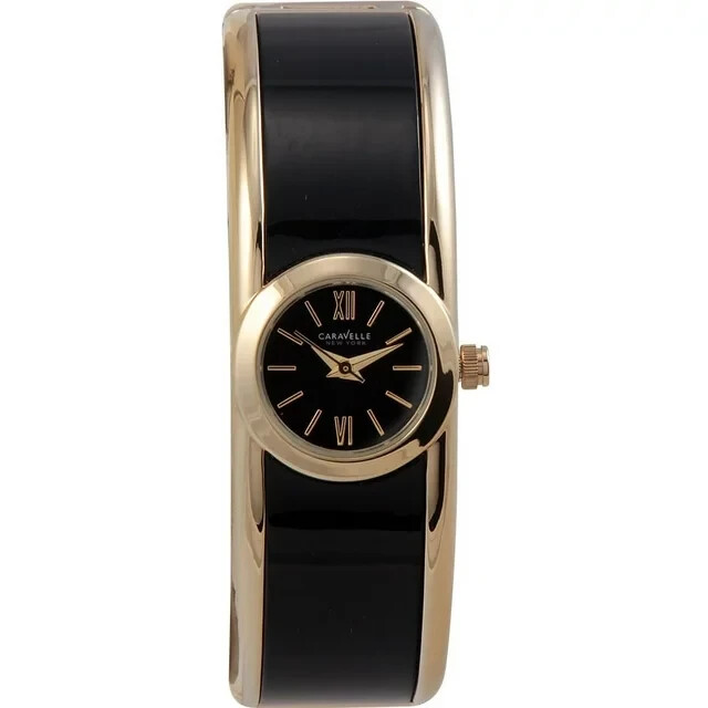 Caravelle New York Ladies Black Dial Black & Gold Cuff Steel Watch 44L147