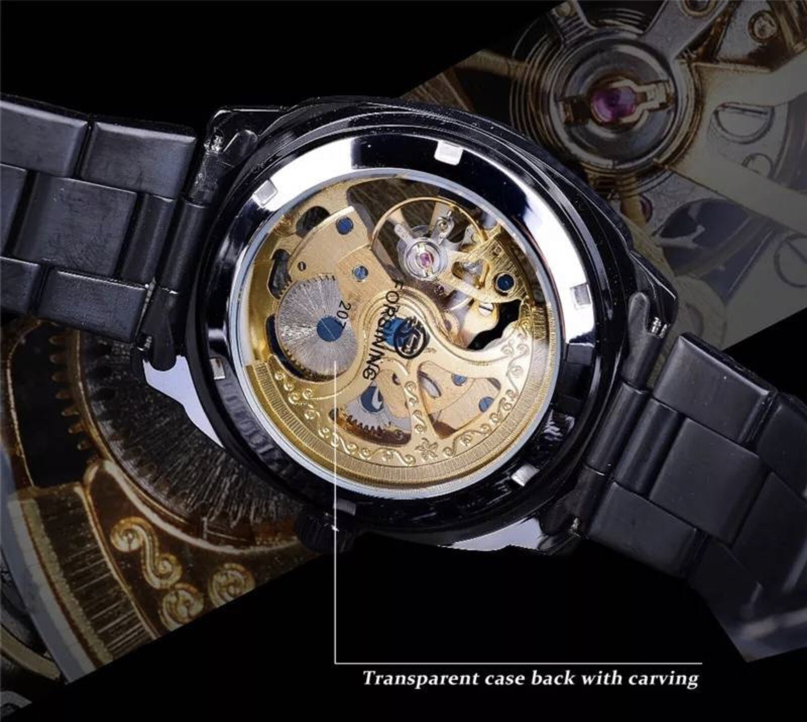 Forsining Mens Skeleton Mechanical Waterproof Luxury Watch Gold Gift Idea