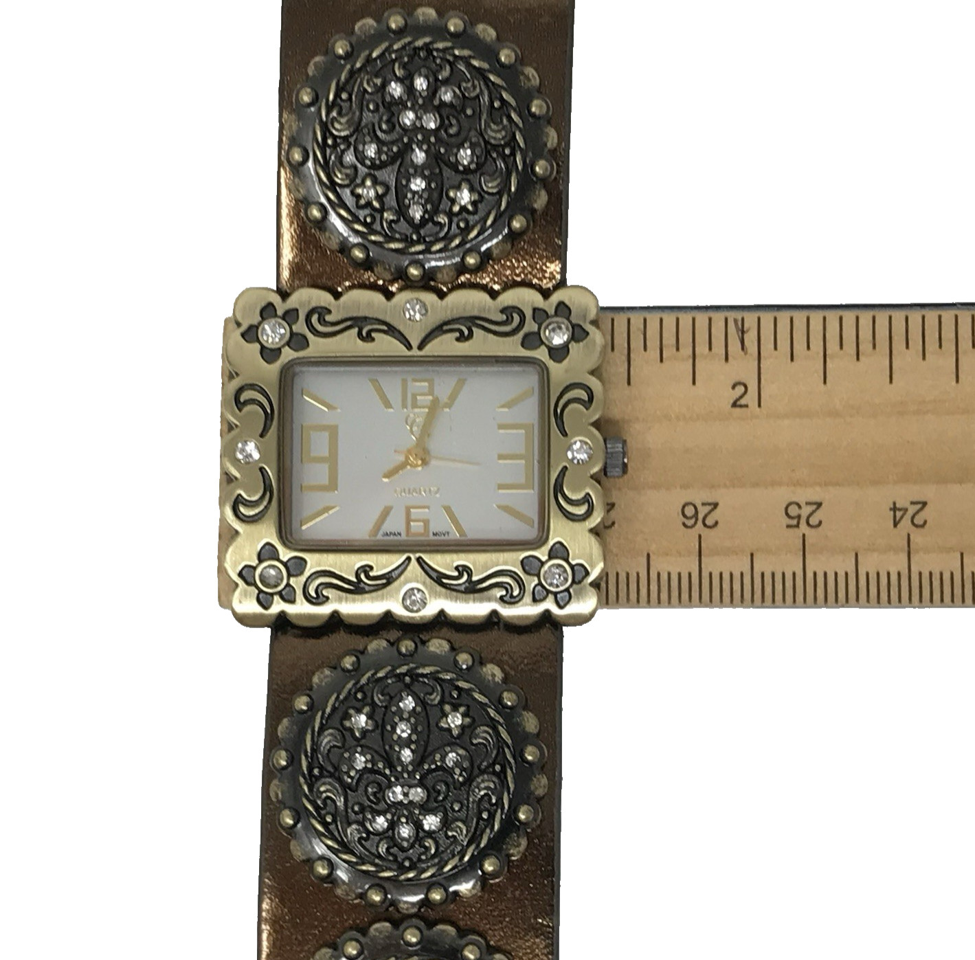 Western Faux Leather Cuff Watch Crystal Bling Fleur de Lis Buckle New Battery