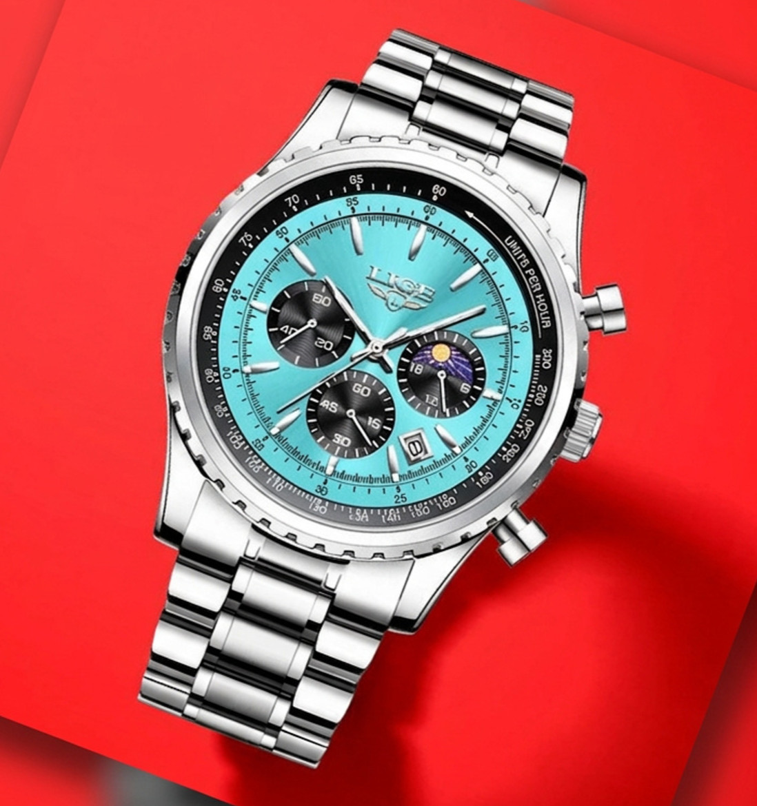 Men Quartz Luminous Chronograph Watch Blue Green Dial 46MM Stainless Silver Lige