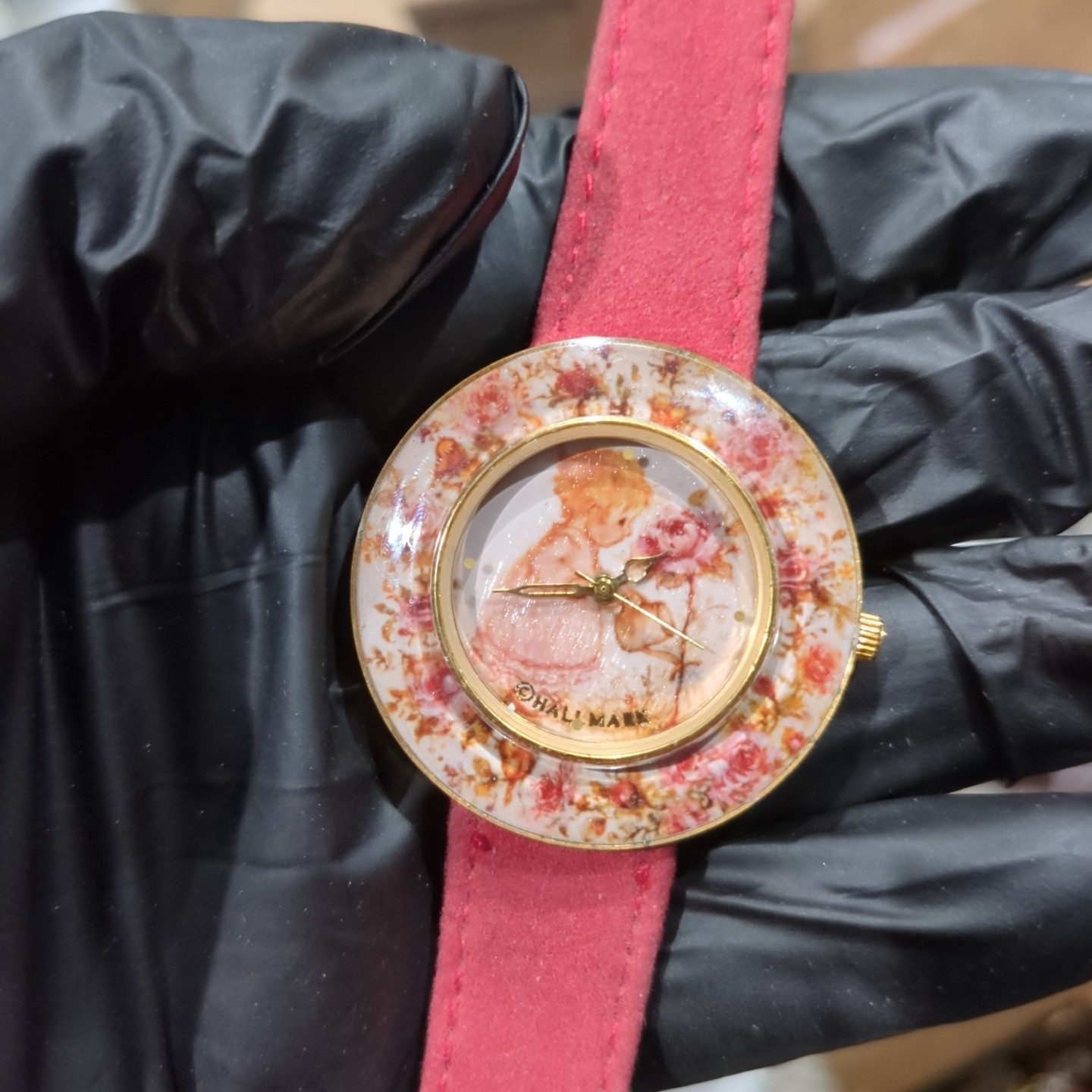 Working HALLMARK Pink Flower Dial Red Leather Ladies Watch 36mm Fit 7in Rare