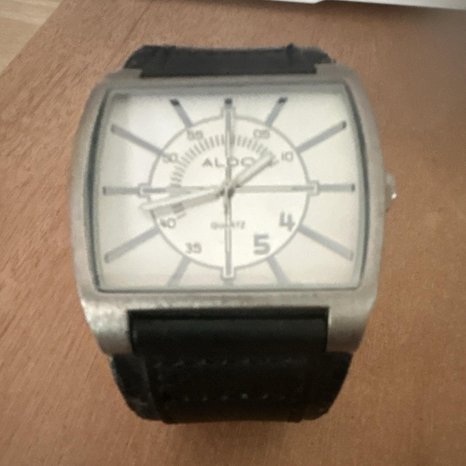 ALDO Men’s Quartz Wristwatch Square Silver Case White Dial Black Leather Band