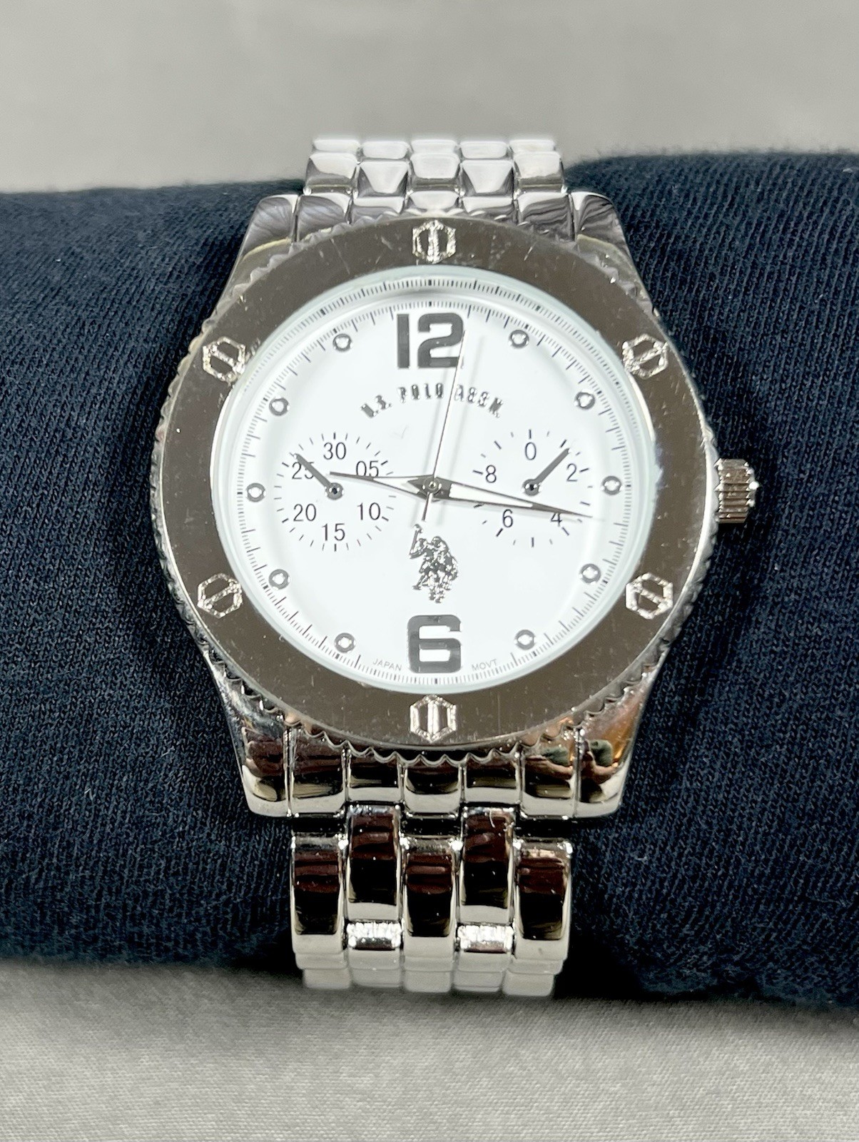 US Polo Assn Men’s Watch USC80007 Silver Tone White Dial New Battery Large