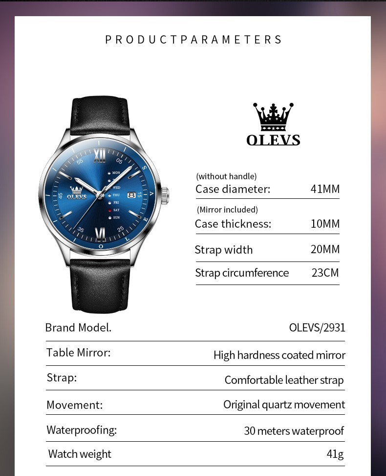 OLEVS 2931 Luminous 3Bar Waterproof Best Present Japan Movement Quartz Watch