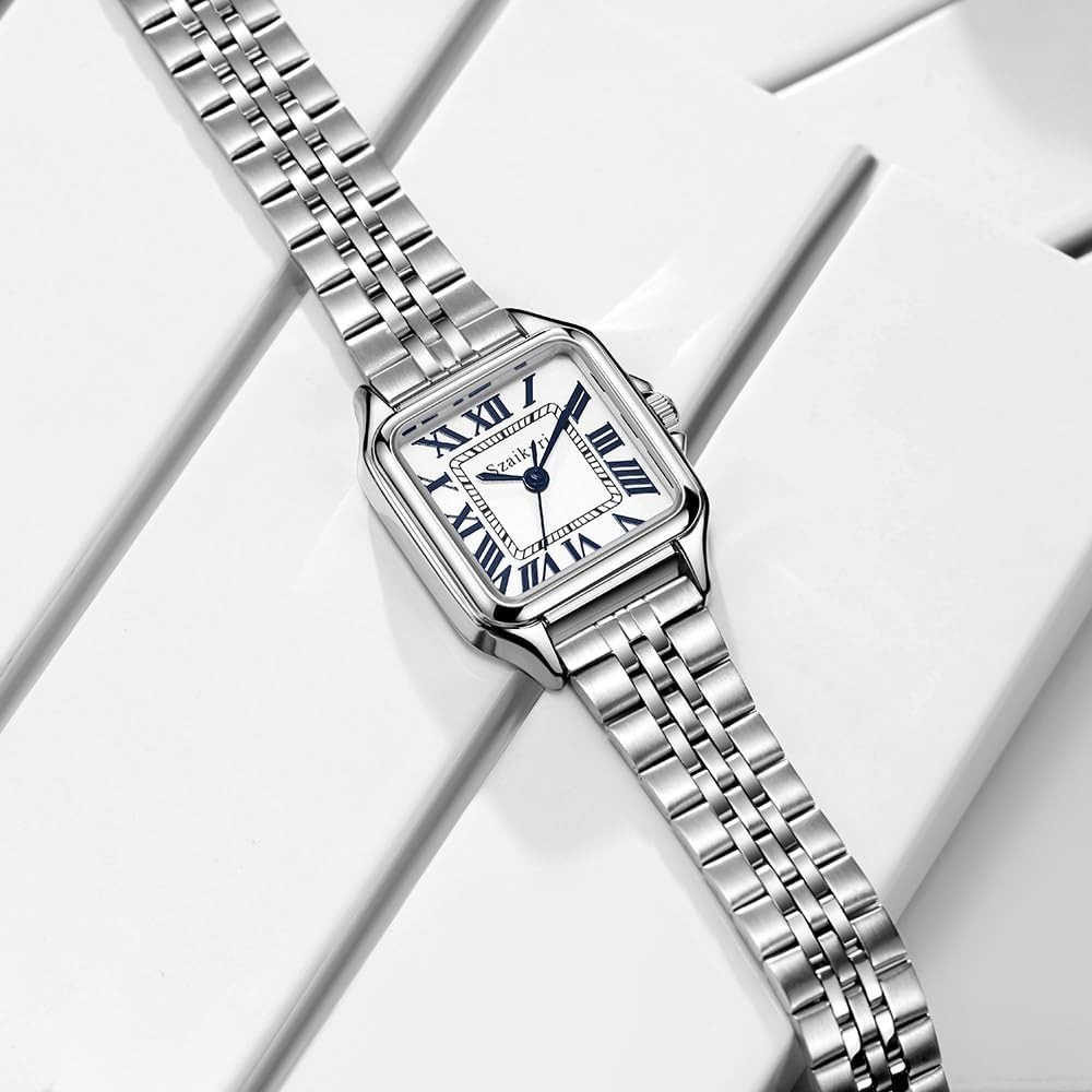 Luxury Women’s Square Analog Watch with Stainless Steel Band & Roman Style