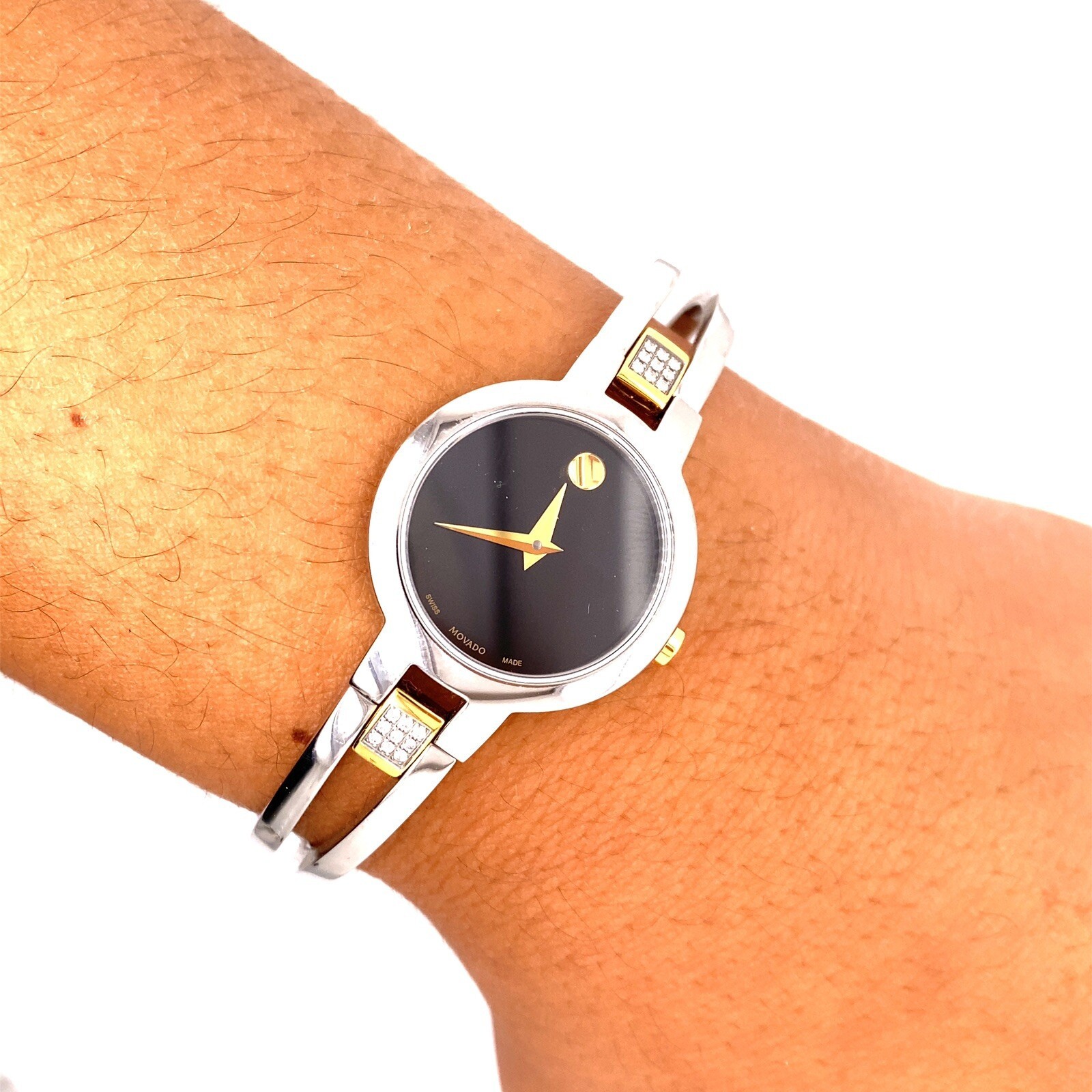 NEW MOVADO AMOROSA 18 DIAMOND TWO TONE BLACK DIAL BANGLE LATEST MODEL SRP $1395
