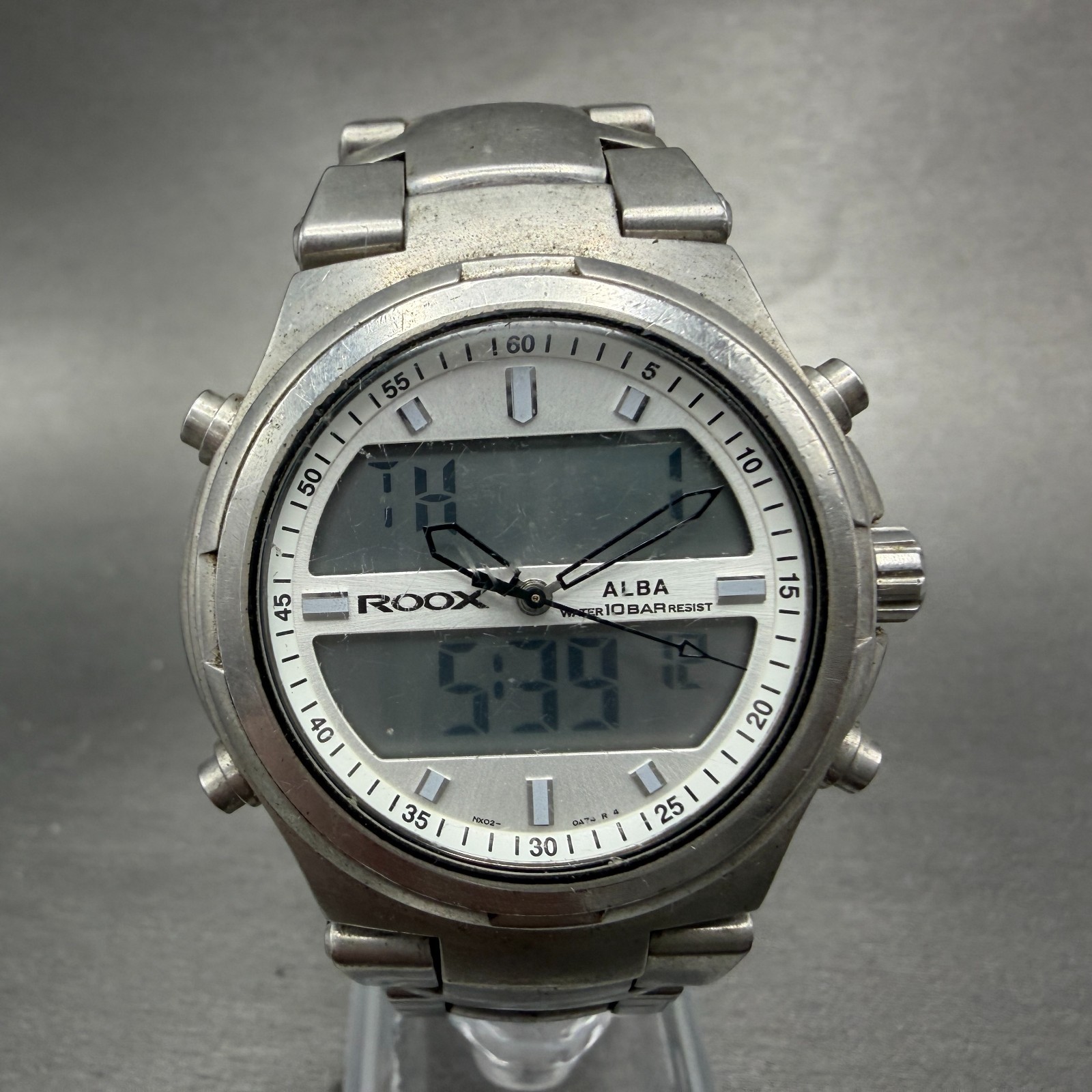 Alba ROOX Watch Men 40mm Analog Digital Silver Tone Alarm Chrono NX02-0B00 Works