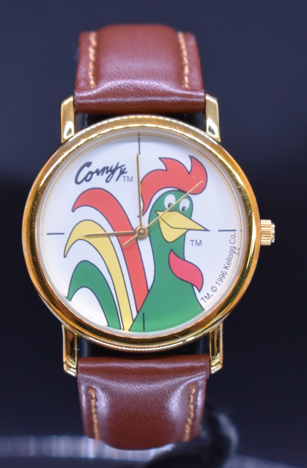 Vintage 1996 Kellogg’s Corn Flakes Corny Rooster Watch Gold Tone Brown Leather