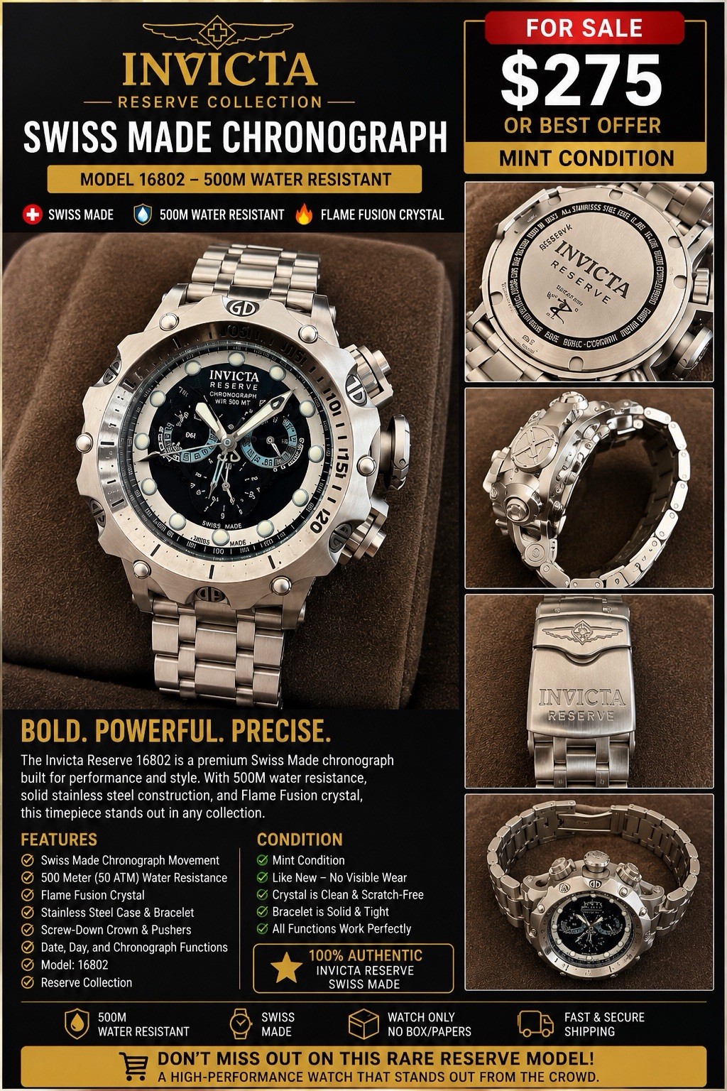 Invicta Men’s Swiss Made Quartz Chronograph 52mm Silver SS Bracelet 500m