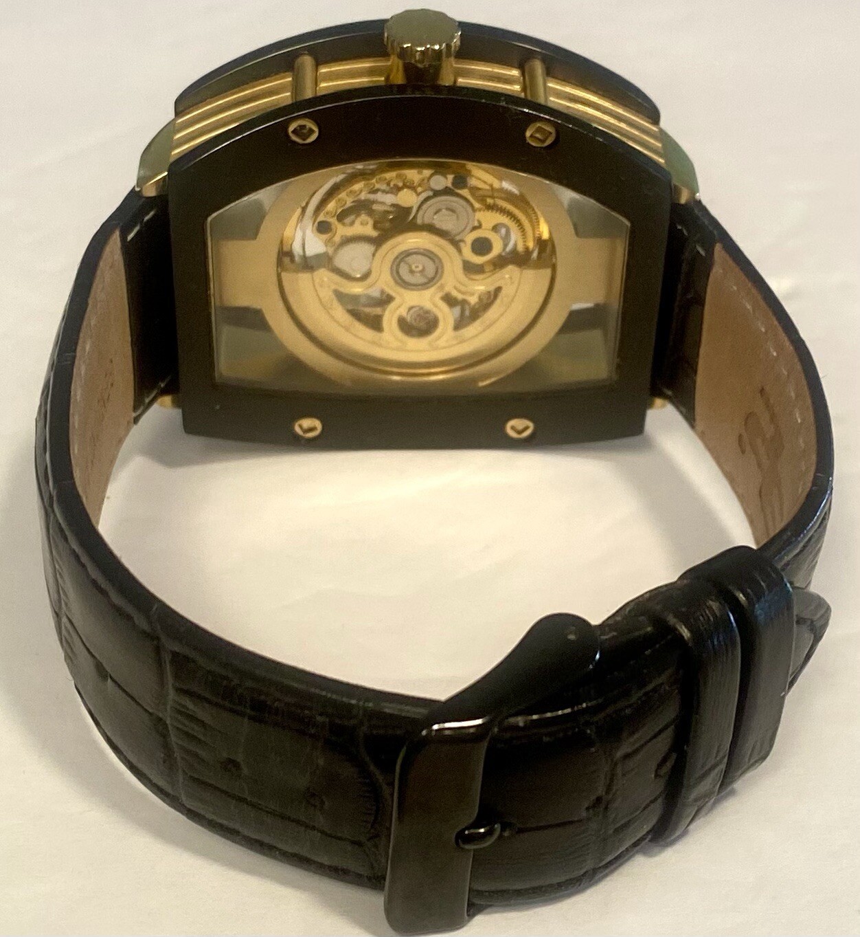 Auto W44mm Black Tonneau | Floating Goldtone Skeleton Dial 32 DEGREES Mens Watch