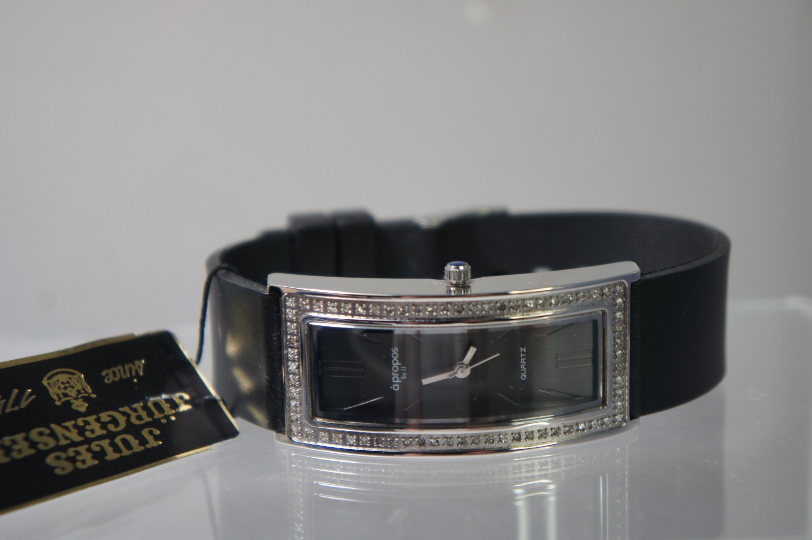 Jules Jurgensen A011B SilverTone Black Dial Crystal Bezel Strap Buckle Watch NIB