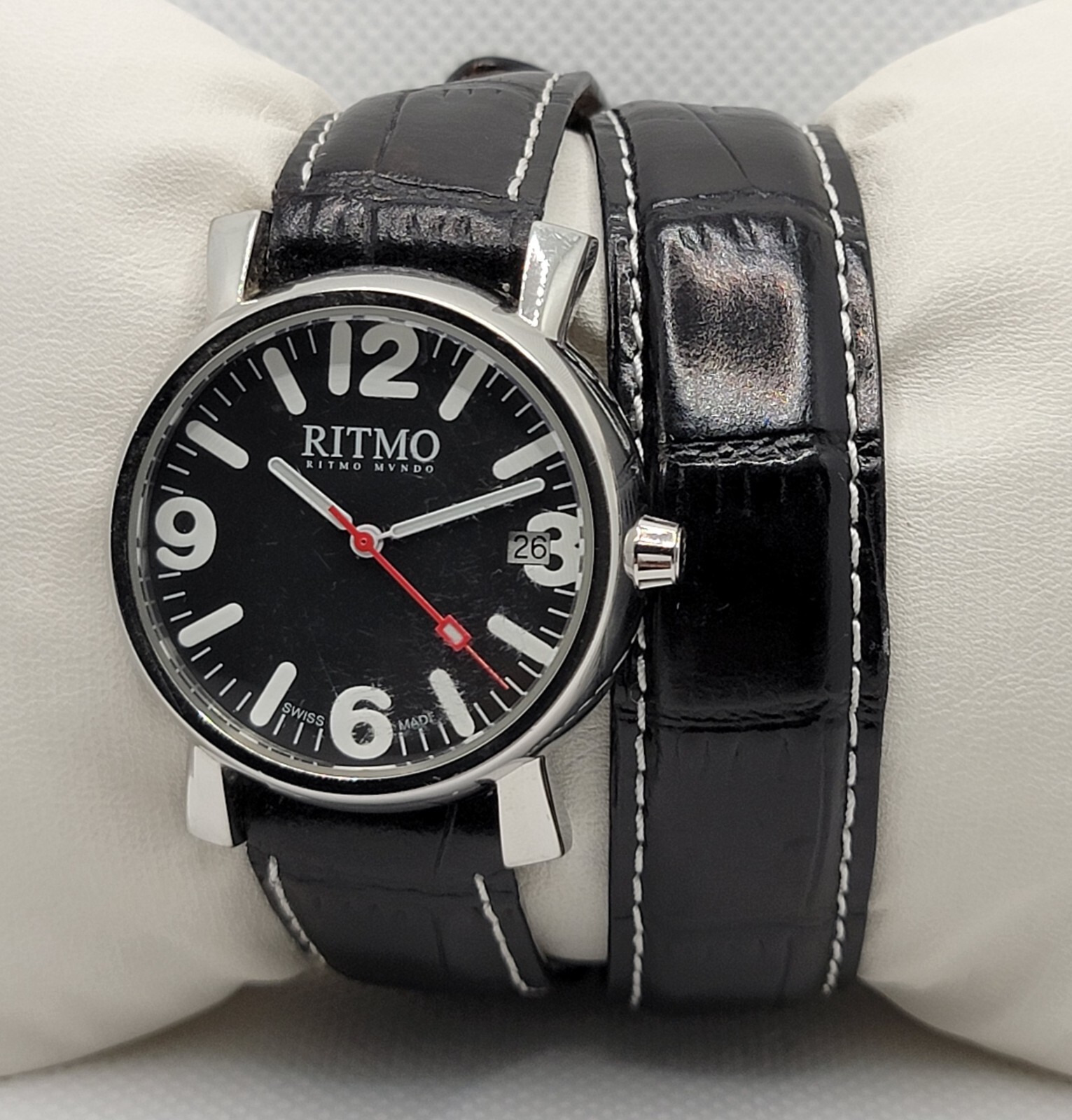 Ritmo Mvndo Silver Tone Vera Pelle Black Leather Wrap Around Strap Watch G5