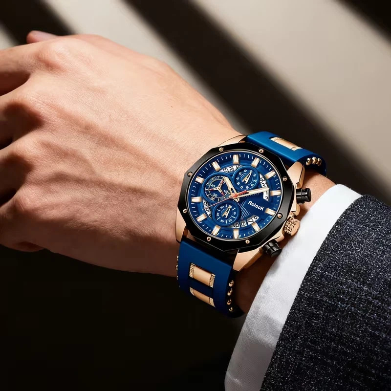 Men’s Quartz Watch Blue & Rose Gold Tone Silicone Strap Chronograph & Date