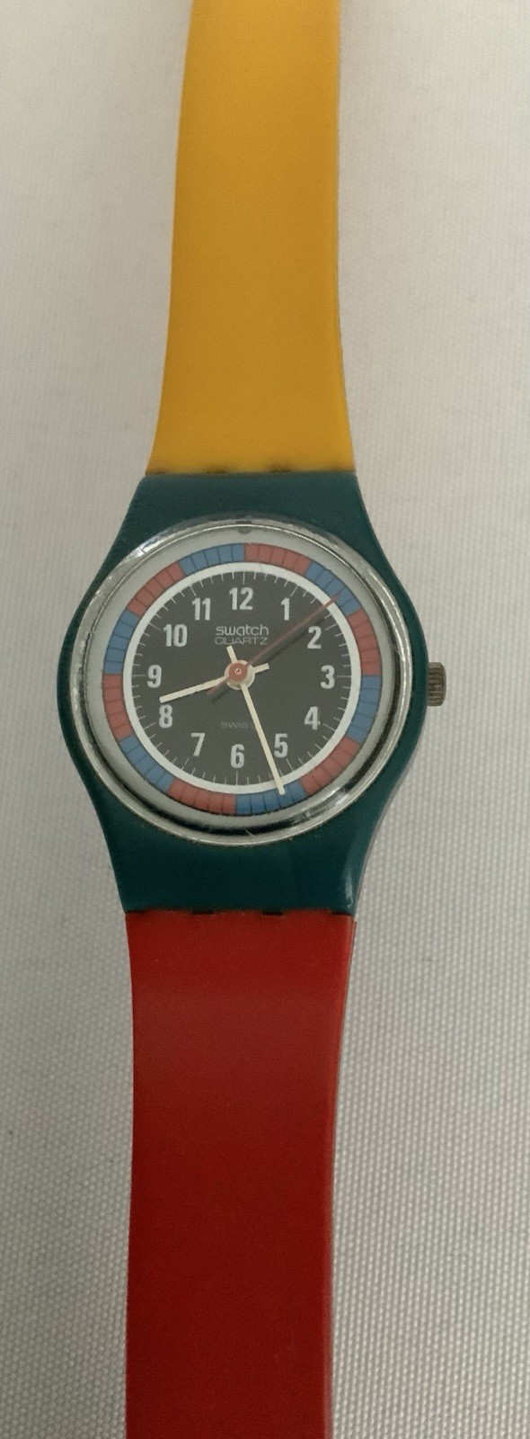 Vintage 1985 Swatch Tri Color Racer LS102 Swiss Watch Original Strap Not Running