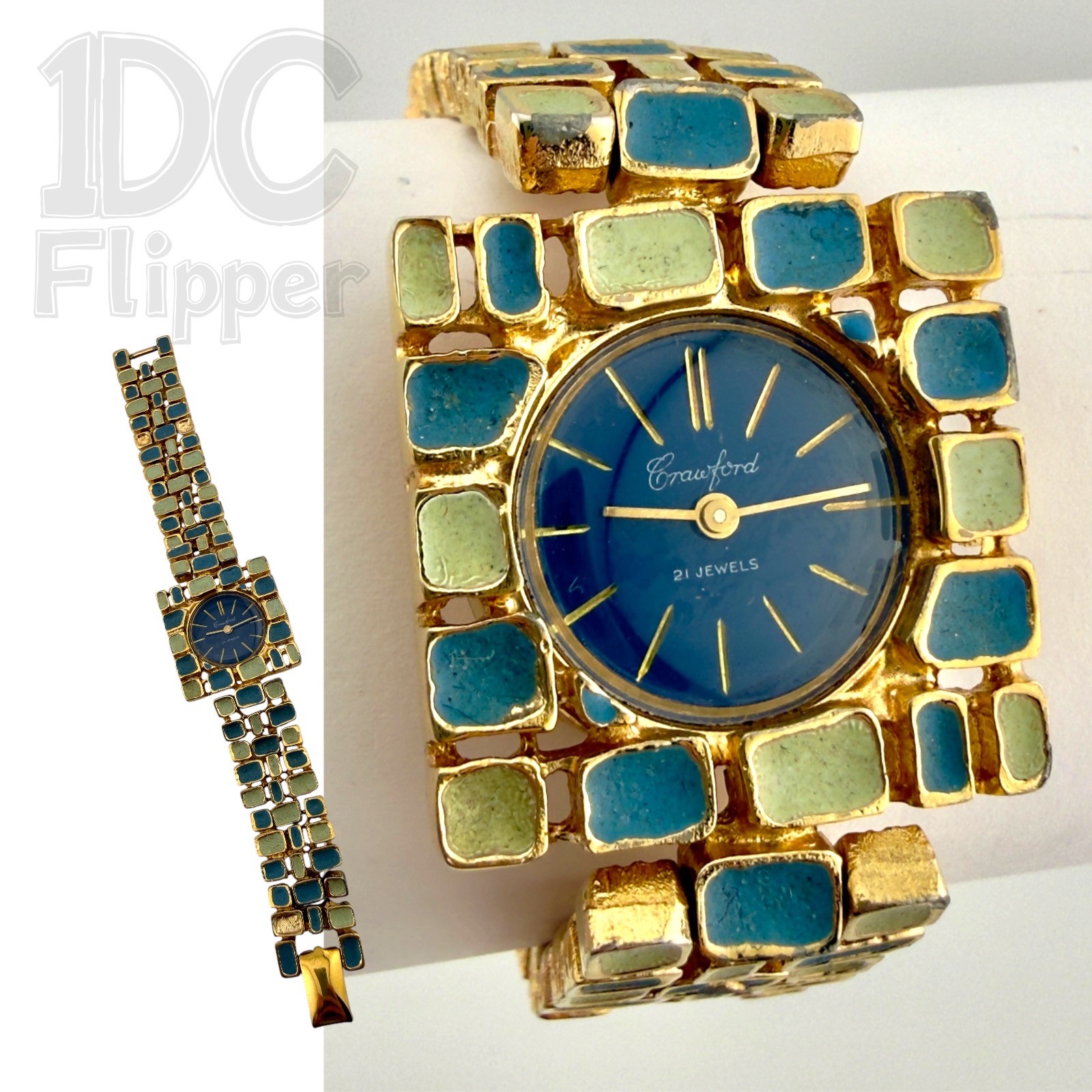 Crawford Ladies 1960s Chunky Watch UT231A 21J Blue Dial Unique Mosaic Band Video