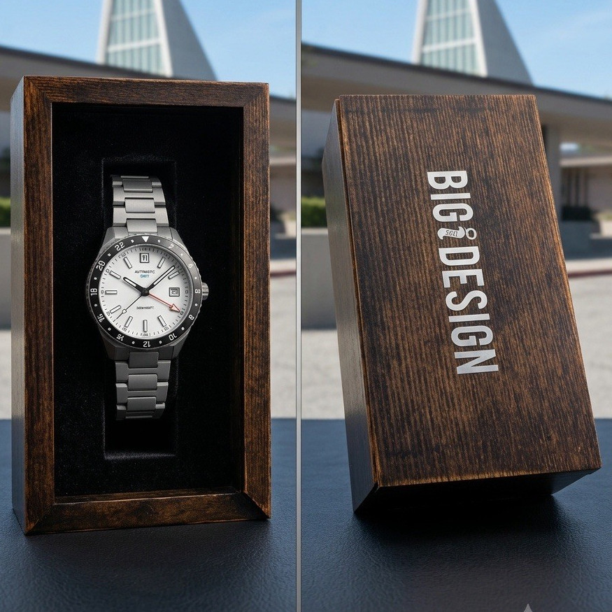 Big Design Automatic GMT Men’s Watch Silver Dial Black Bracelet 100m Box
