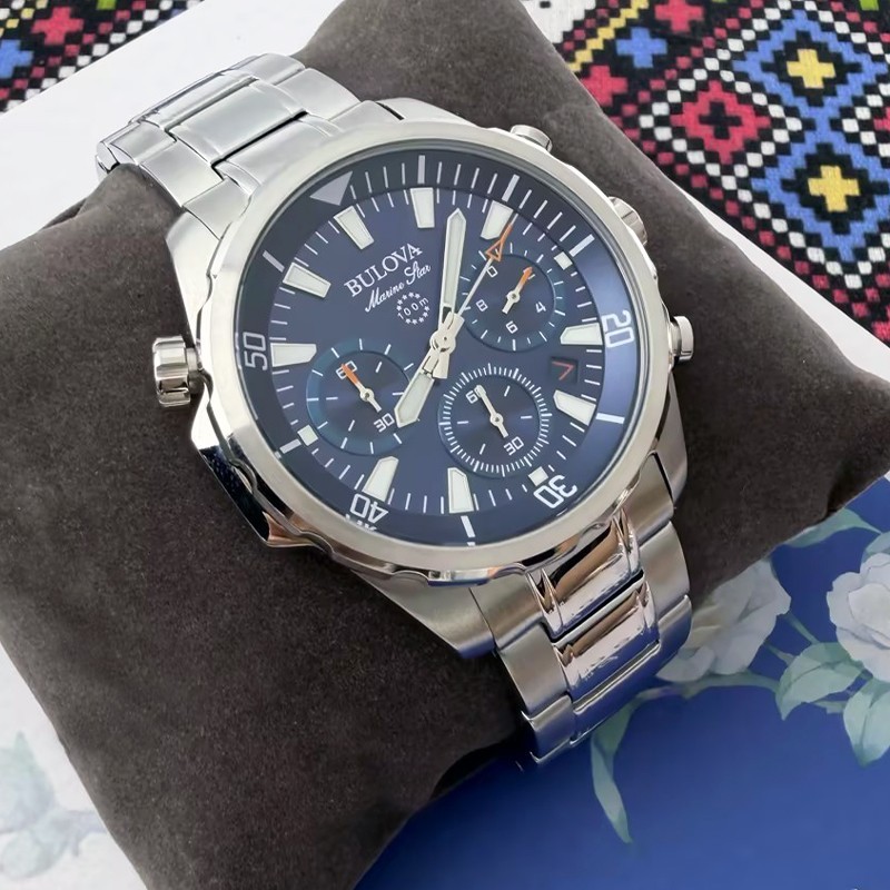 Bulova Classic Marine Star Men’s 96B256 Blue Dial Silver Steel Quartz Watch 43mm