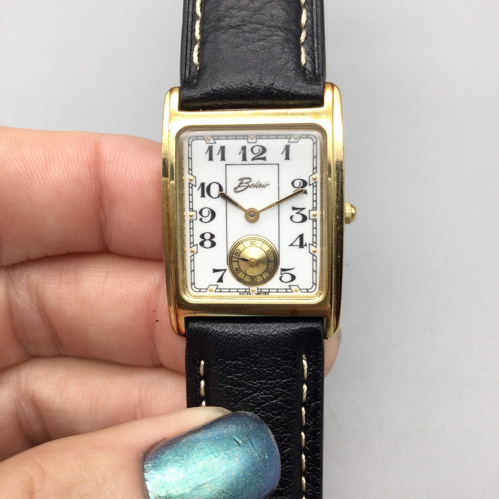 Belair Mens Watch 25mm Tank Gold Tone Black Leather 980.163 New Battery