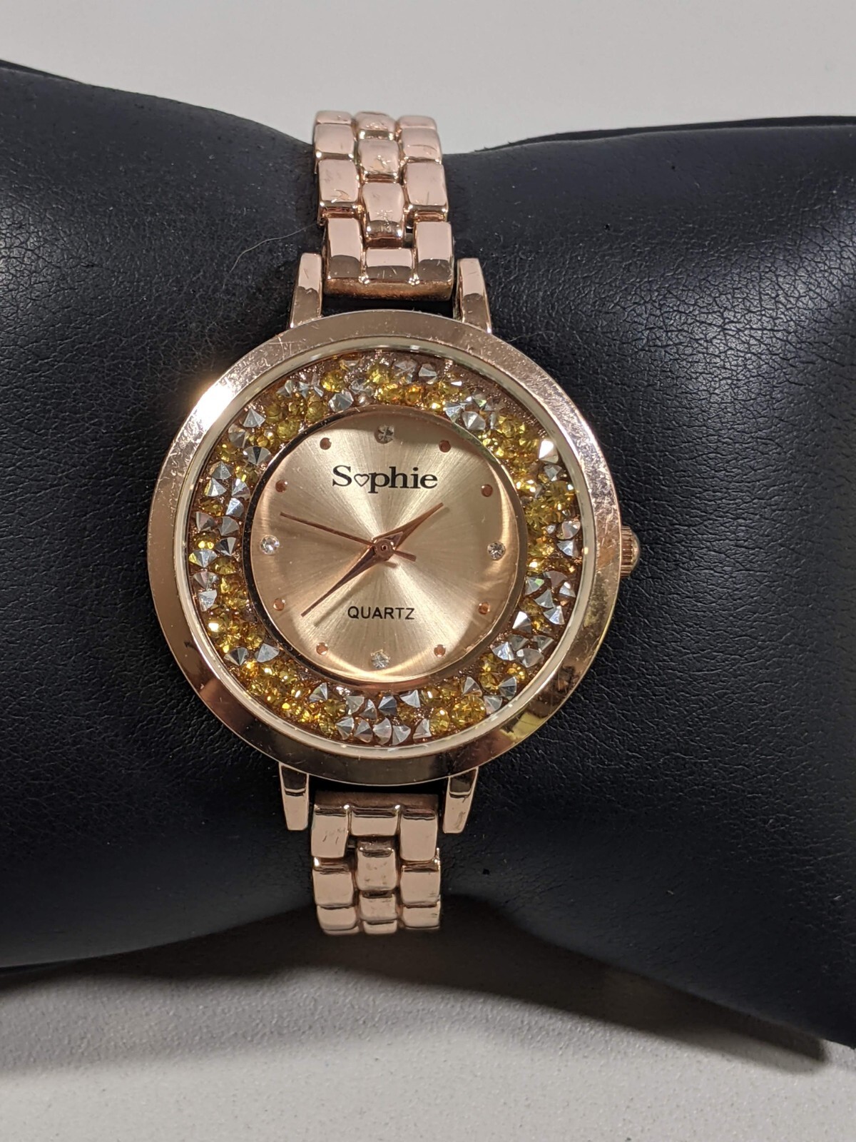 Sophie Gold Tone Dial Crloating Crystal Bezel Round Case 35 mm Link Band Watch