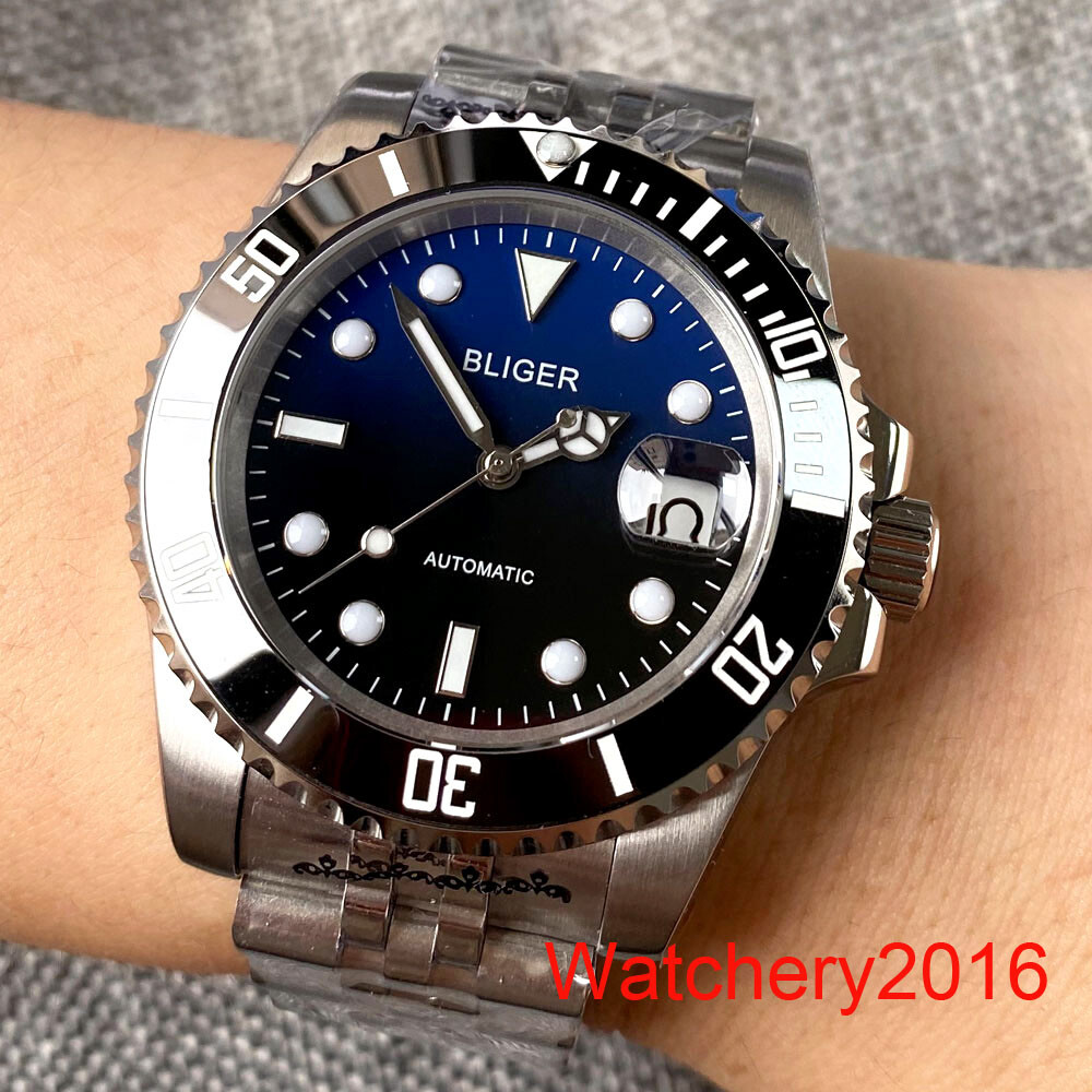 40mm Bliger Blue Dial NH35A Mens Watch Sapphire Glass Luminous Ceramic Bezel