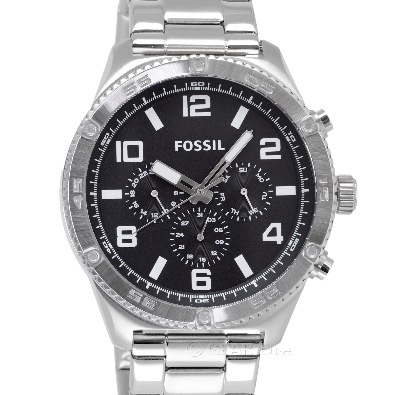 FOSSIL Brox Mens Multifunction Watch, Large Black Dial, Silver Stainless Steel