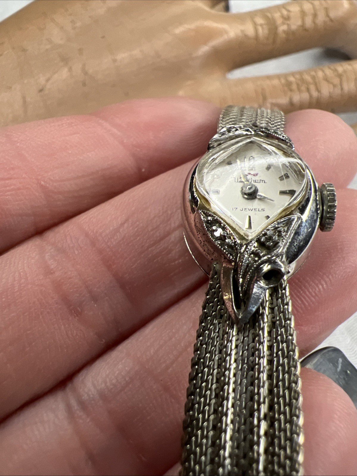 VTG Waltham Swiss 17J Diamond Watch 10K RGP Finesse KGF Mesh Bracelet Working
