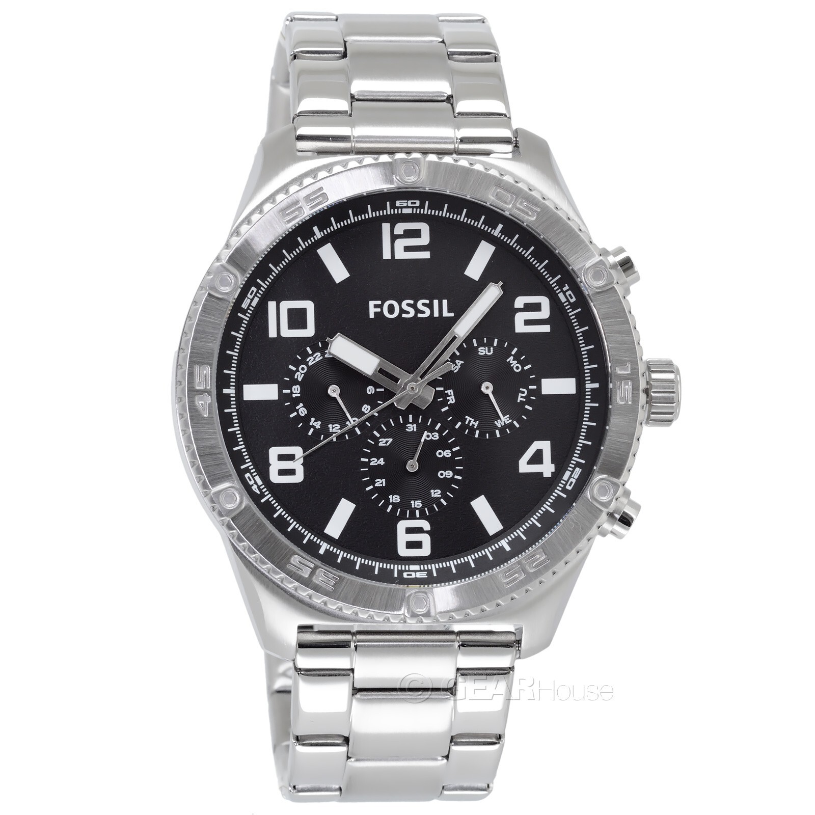FOSSIL Brox Mens Multifunction Watch, Large Black Dial, Silver Stainless Steel