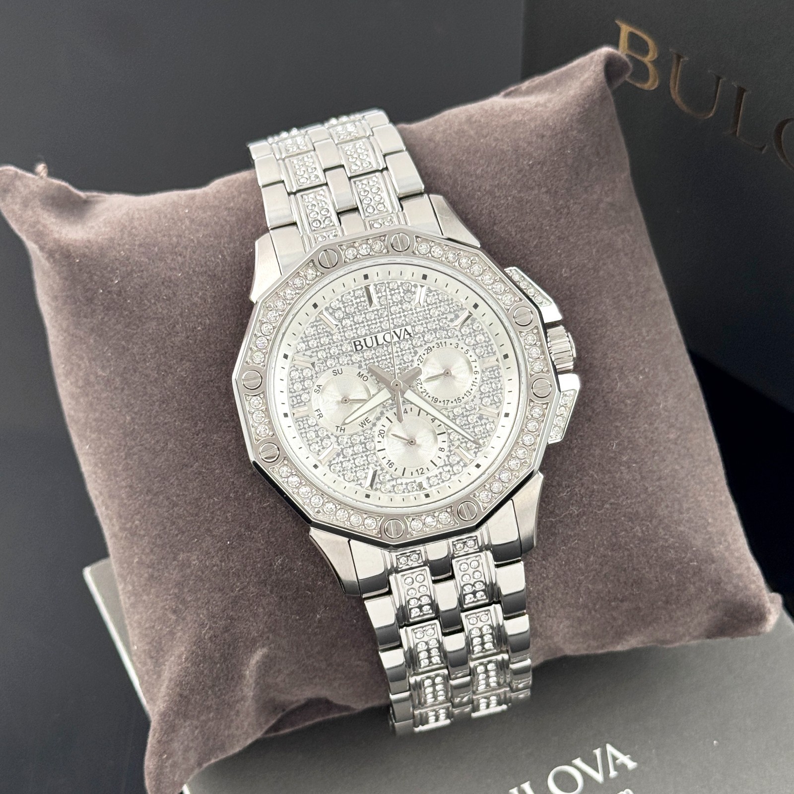 Bulova Men’s Octava Silver Pave Crystal Stainless Steel Quartz Watch 96C134