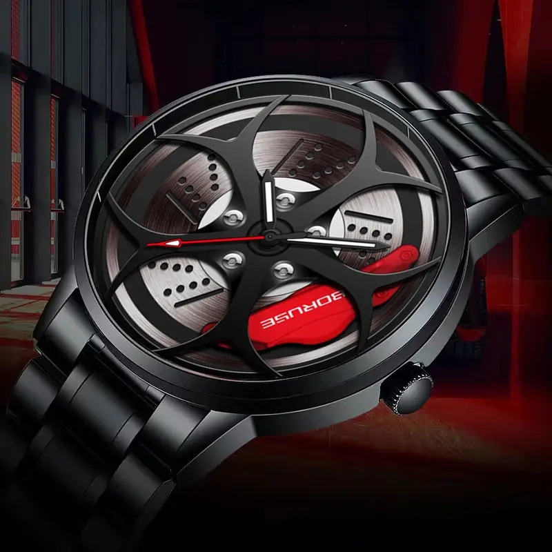 Luxury Men’s Sports Waterproof Quartz Watch with Stainless Steel Wheel Design