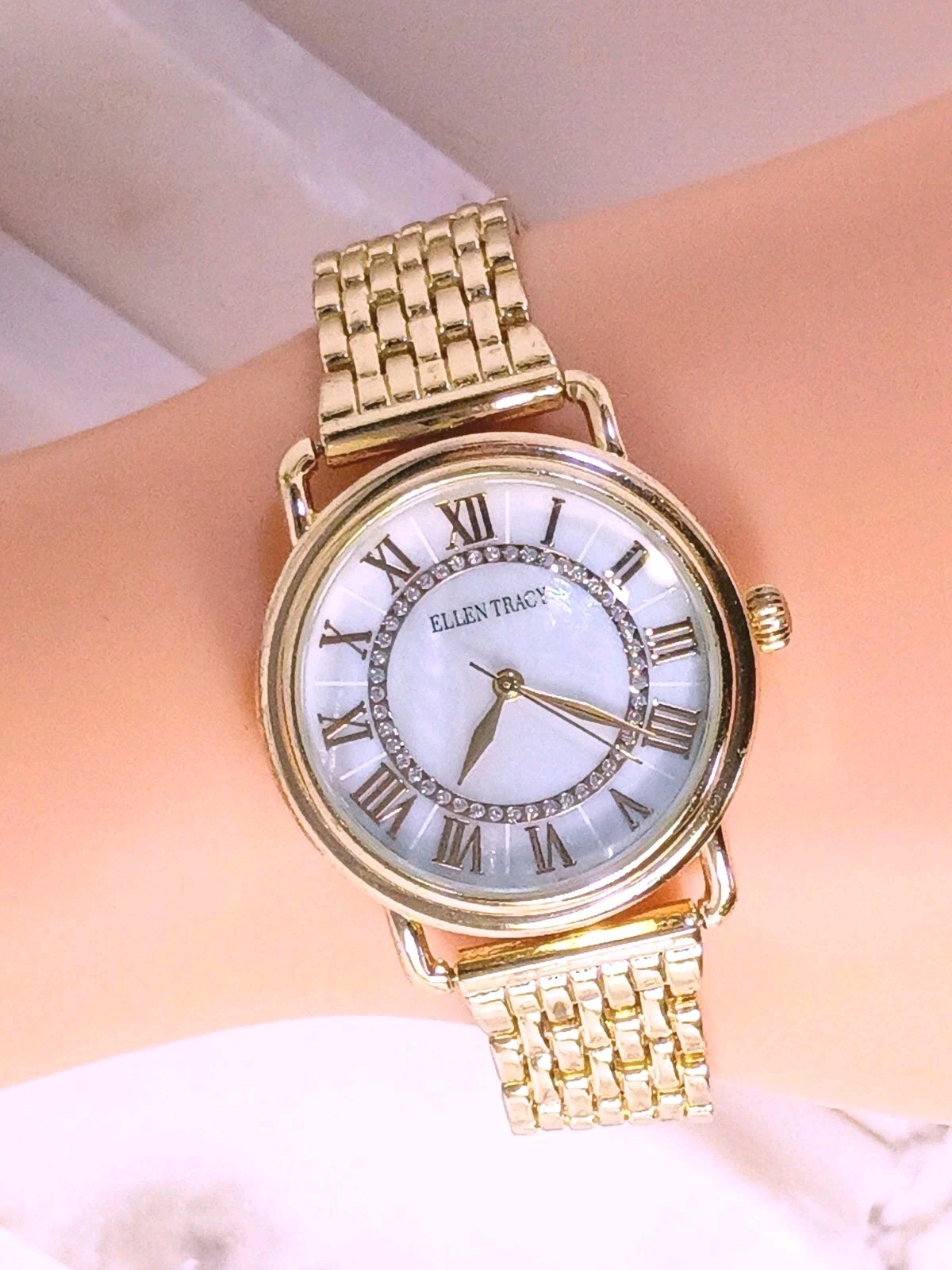 Ellen Tracy Watch Gold Tone Crystal Accent Jewelry Clasp Mother Pearl Dial Works