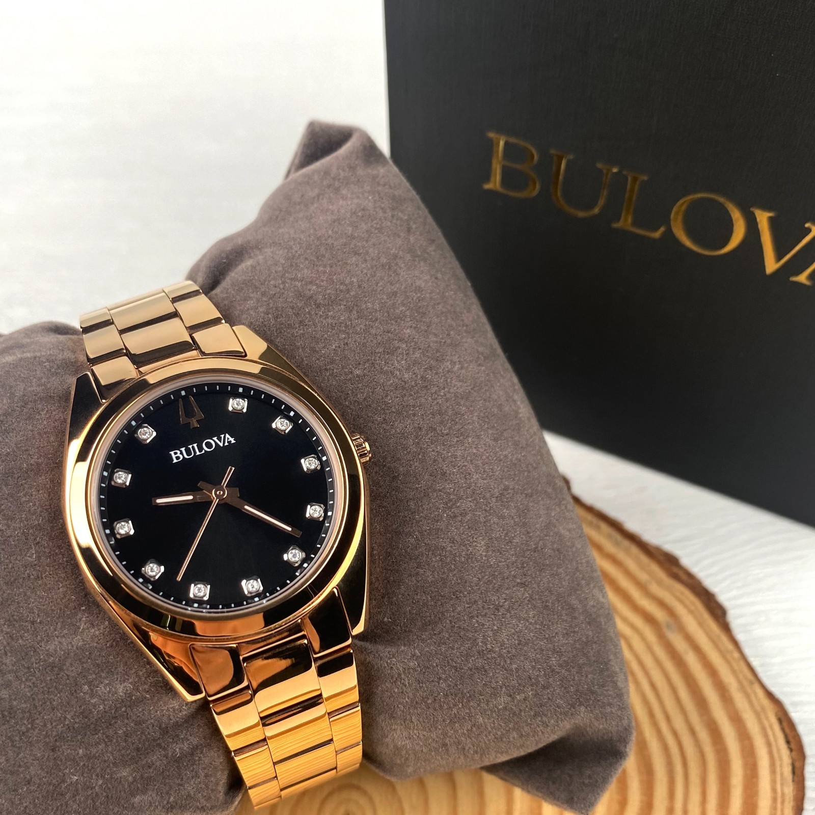 Bulova Surveyor 97P156 Grey Dial Diamonds Rose Gold Strap Women’s Watch