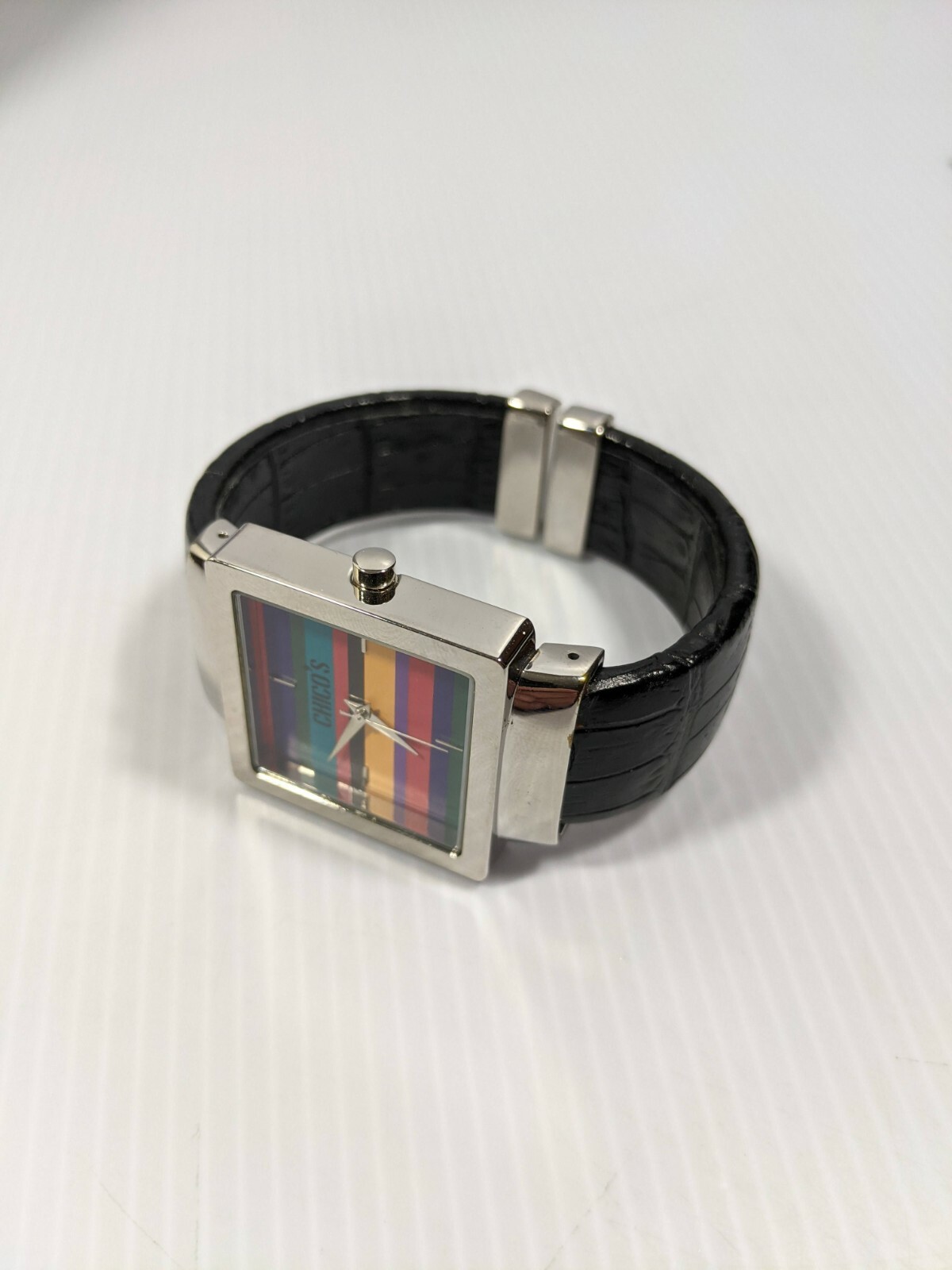 Chico’s Silver Tone Purple Blue Red Yellow Face Black Hinge Band Watch 6 Inch