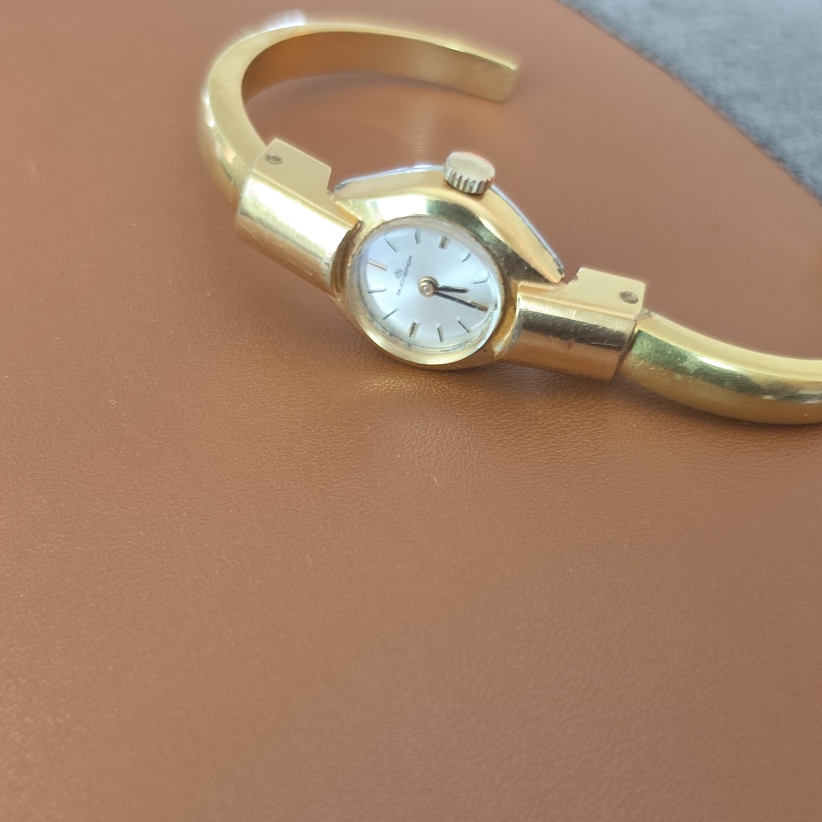 Bucherer Vintage Women’s Manual Wind Watch Gold Tone Bangle Silver Dial 17J