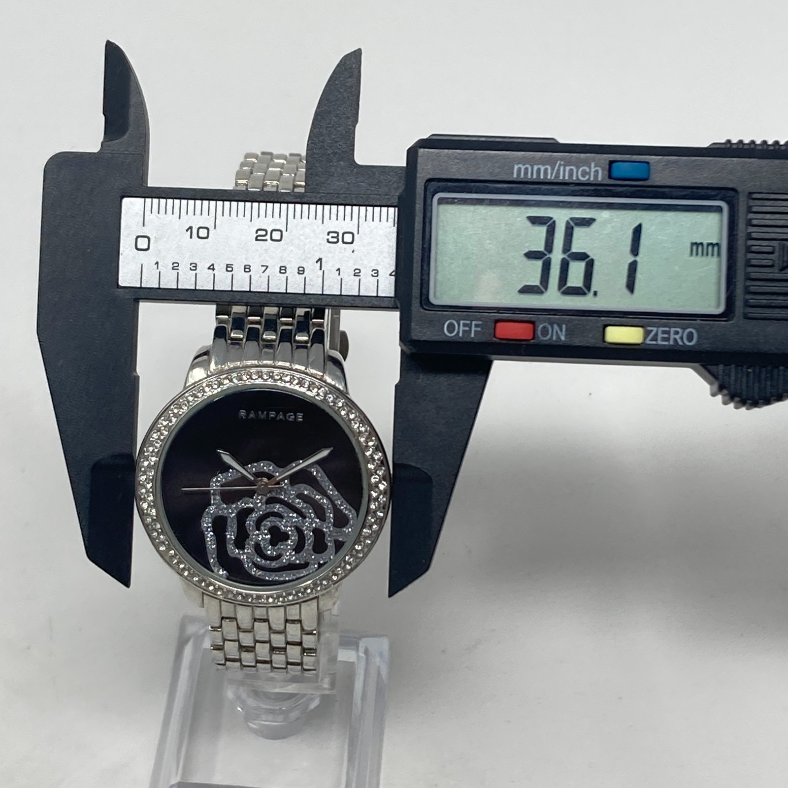 Rampage Womens Watch 36mm Floral Crystals Silver Tone Black Bling New Battery 8″