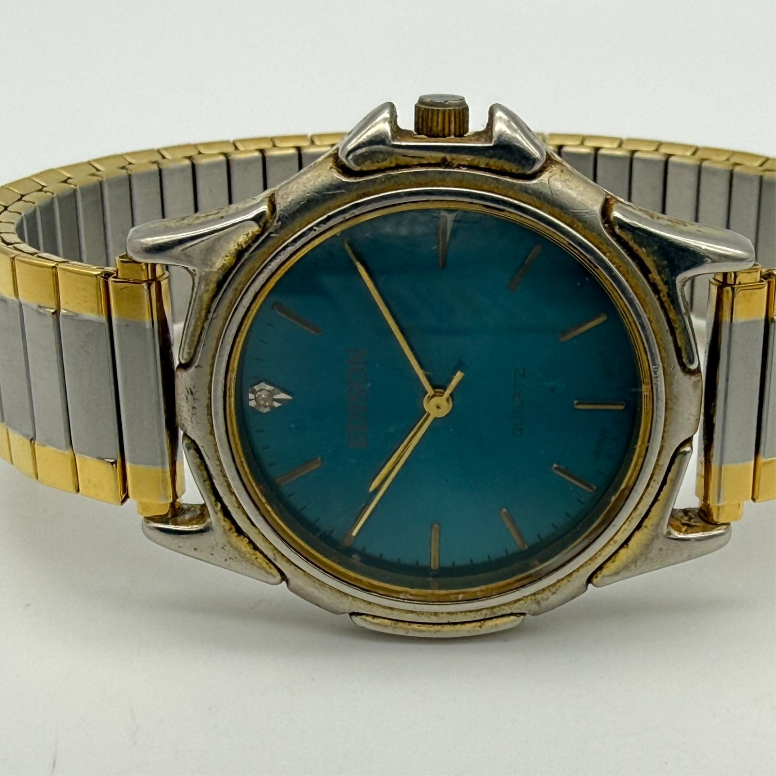 Vintage 1990s Men’s EDISON Two-Tone 35mm Watch, Blue-Green Dial, Diamond Accent
