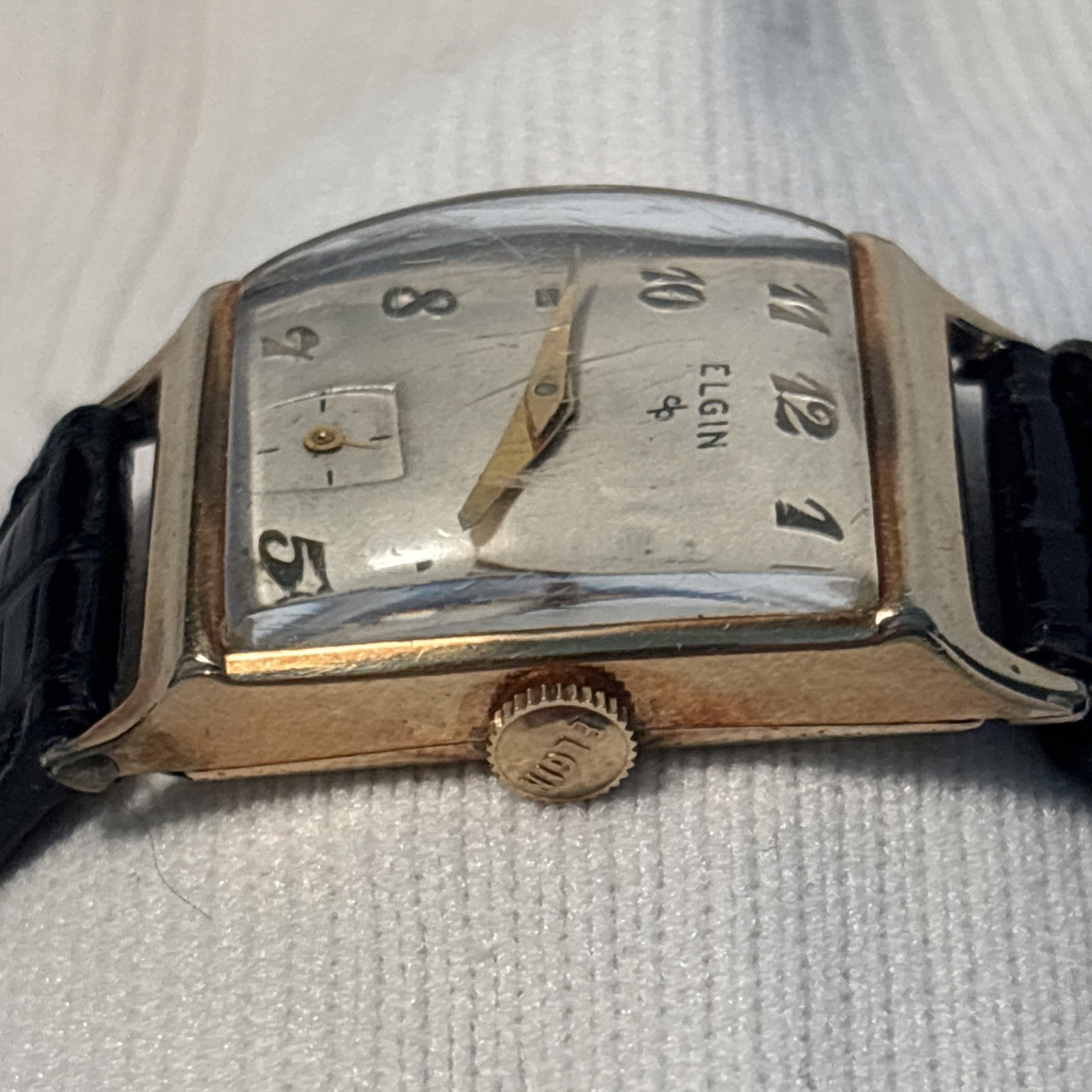 Vintage Elgin DuraPower 10K Gold Filled Tank Watch – Hadley Teju Strap – RUNS