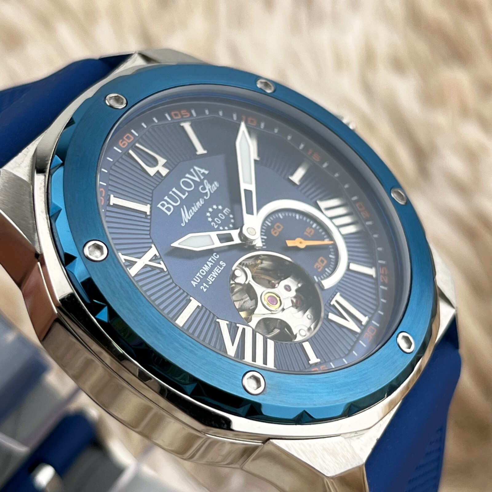 Bulova Marine Star Automatic 45mm Blue Dial Blue Rubber Strap Men’s Watch 98A303