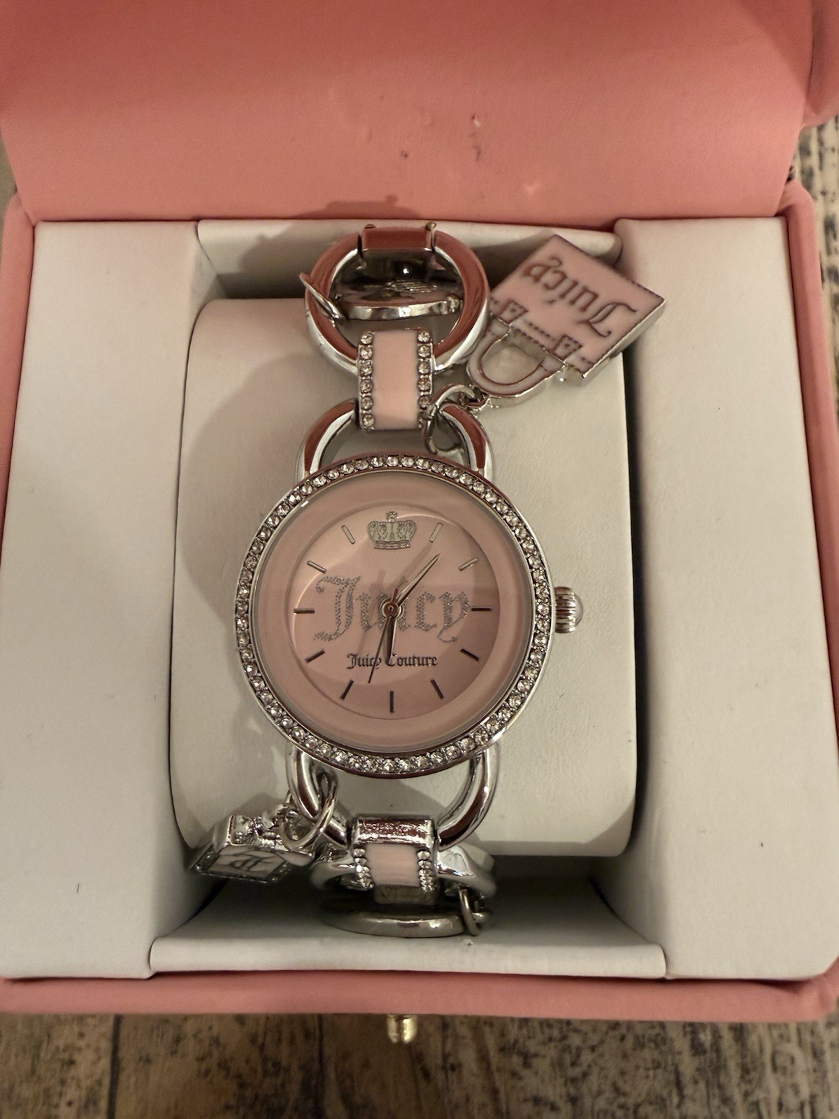Juicy Couture Women’s Heart Quartz Watch Pink Dial Silver Bracelet w/ Box