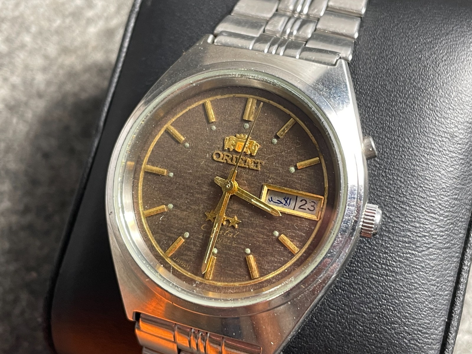 Orient 3 stars stainless steel automatic wristwatch brown dial Japan Cal.4694