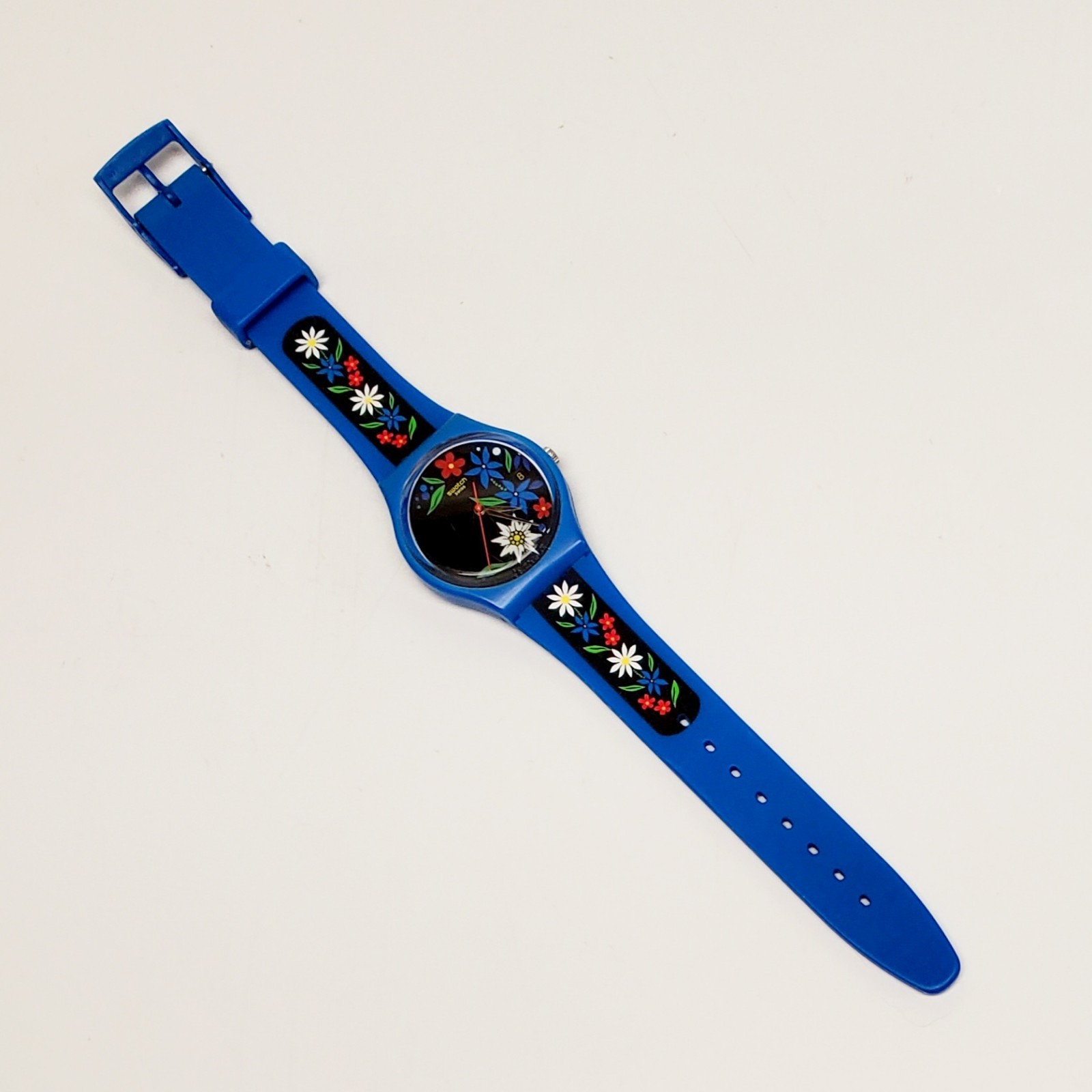 Swatch EDELBLAU Blue Flowers Women’s 34mm Watch GN412- Rubber Silicone Band
