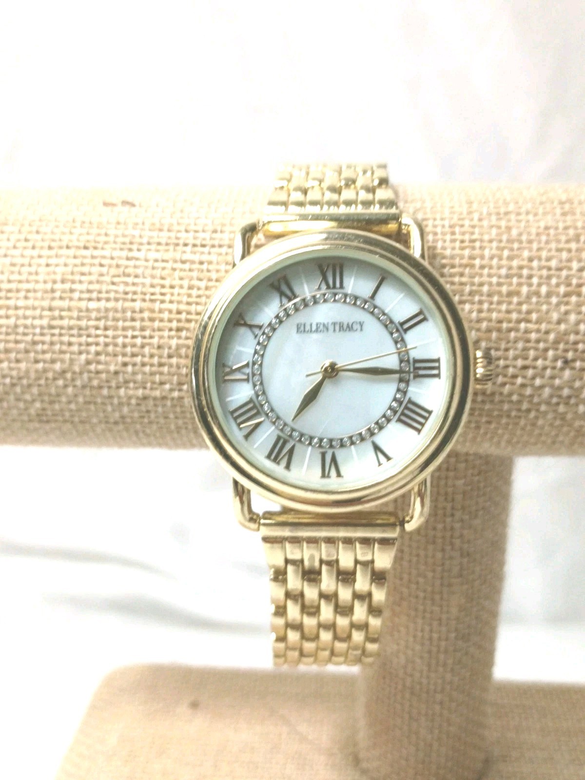 Ellen Tracy Watch Gold Tone Crystal Accent Jewelry Clasp Mother Pearl Dial Works