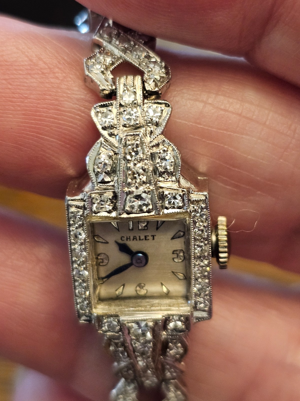 Womens Diamond Platinum, iridium wristwatch 1930’s era working Liban Chalet