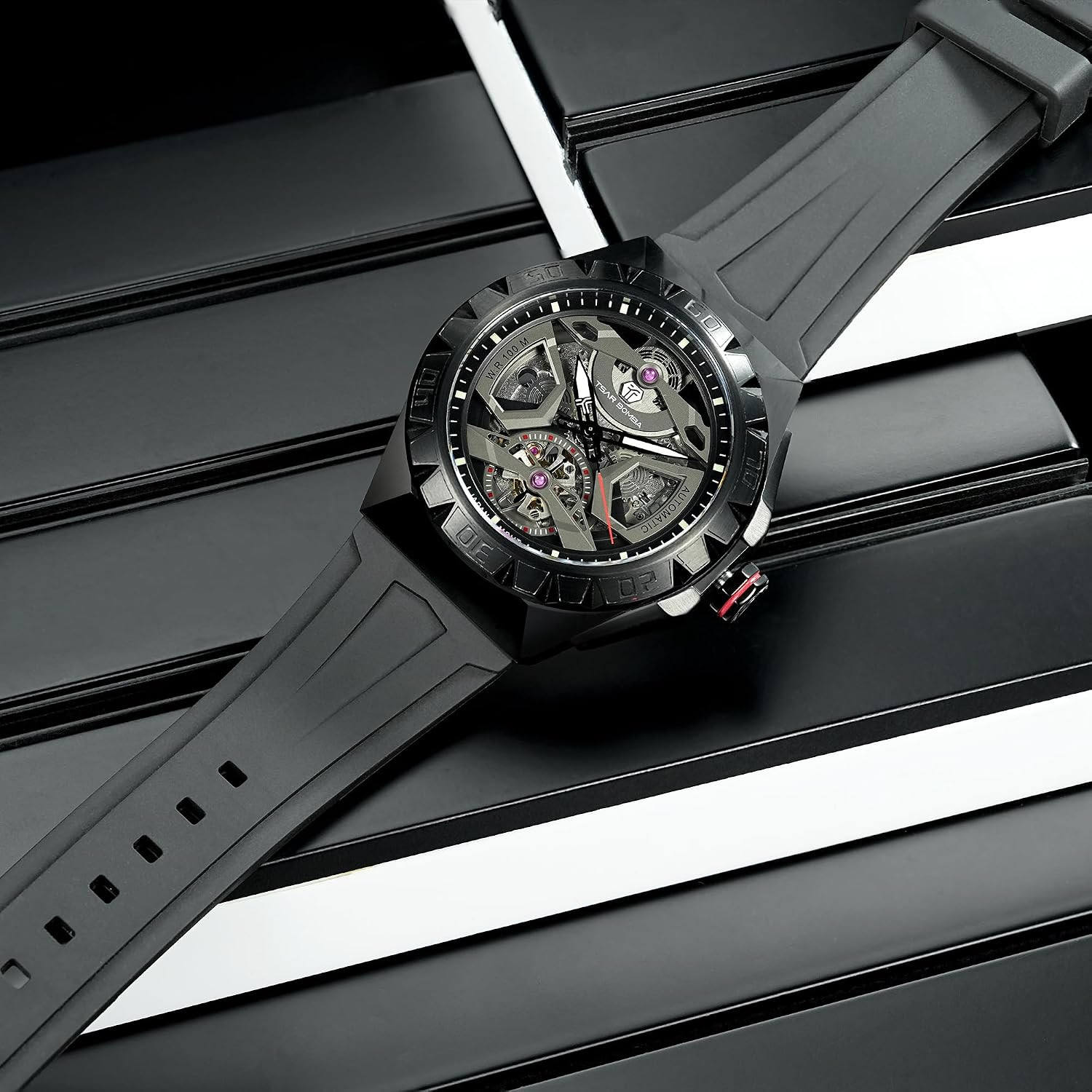 Luxury Men’s Automatic Skeleton Watch 100M Waterproof Octagon Dial FKM Strap