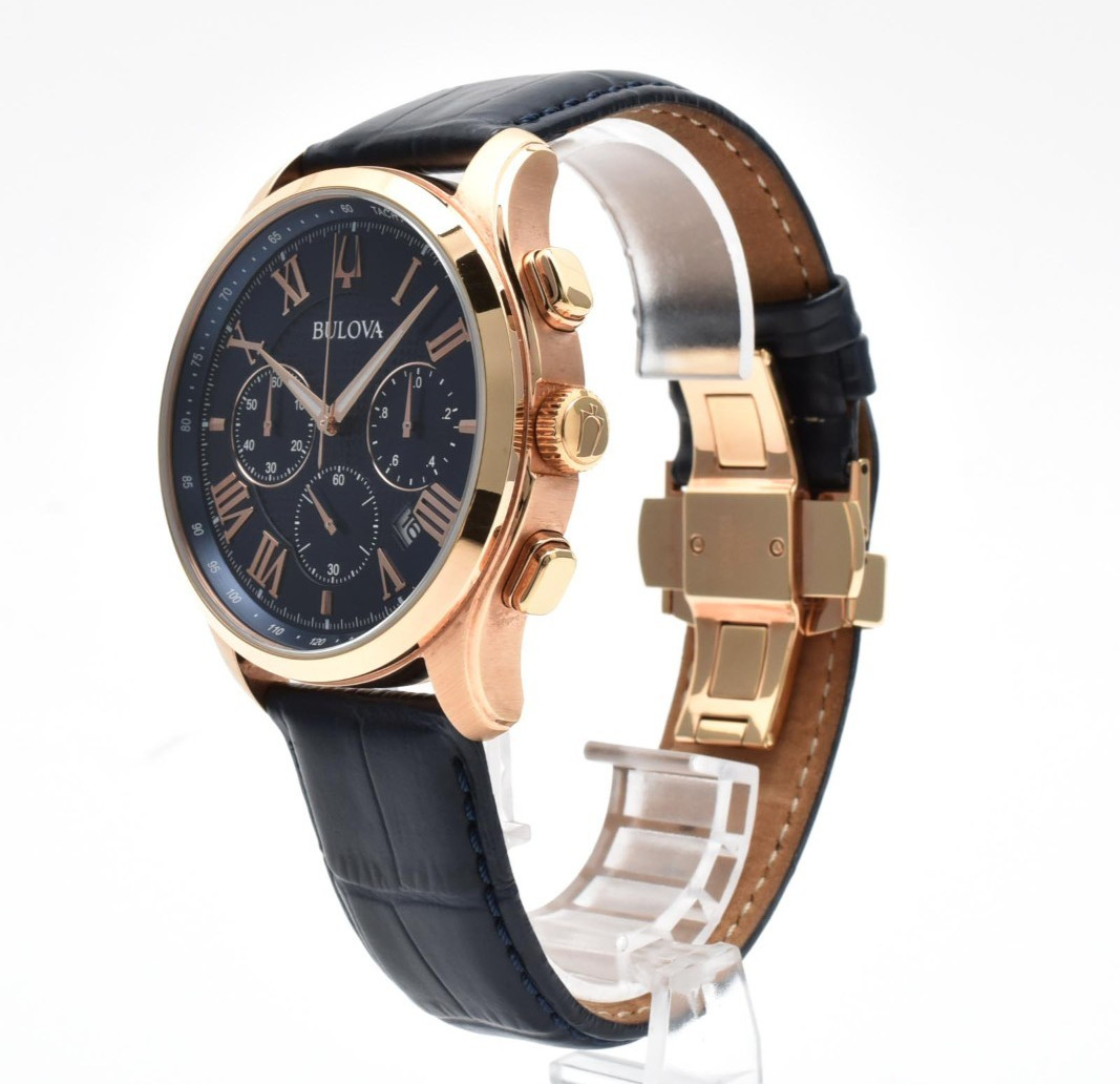 【w/Box】 Bulova Wilton 97B170 Classic Chronograph Rose Gold Blue Dial Men’s Watch
