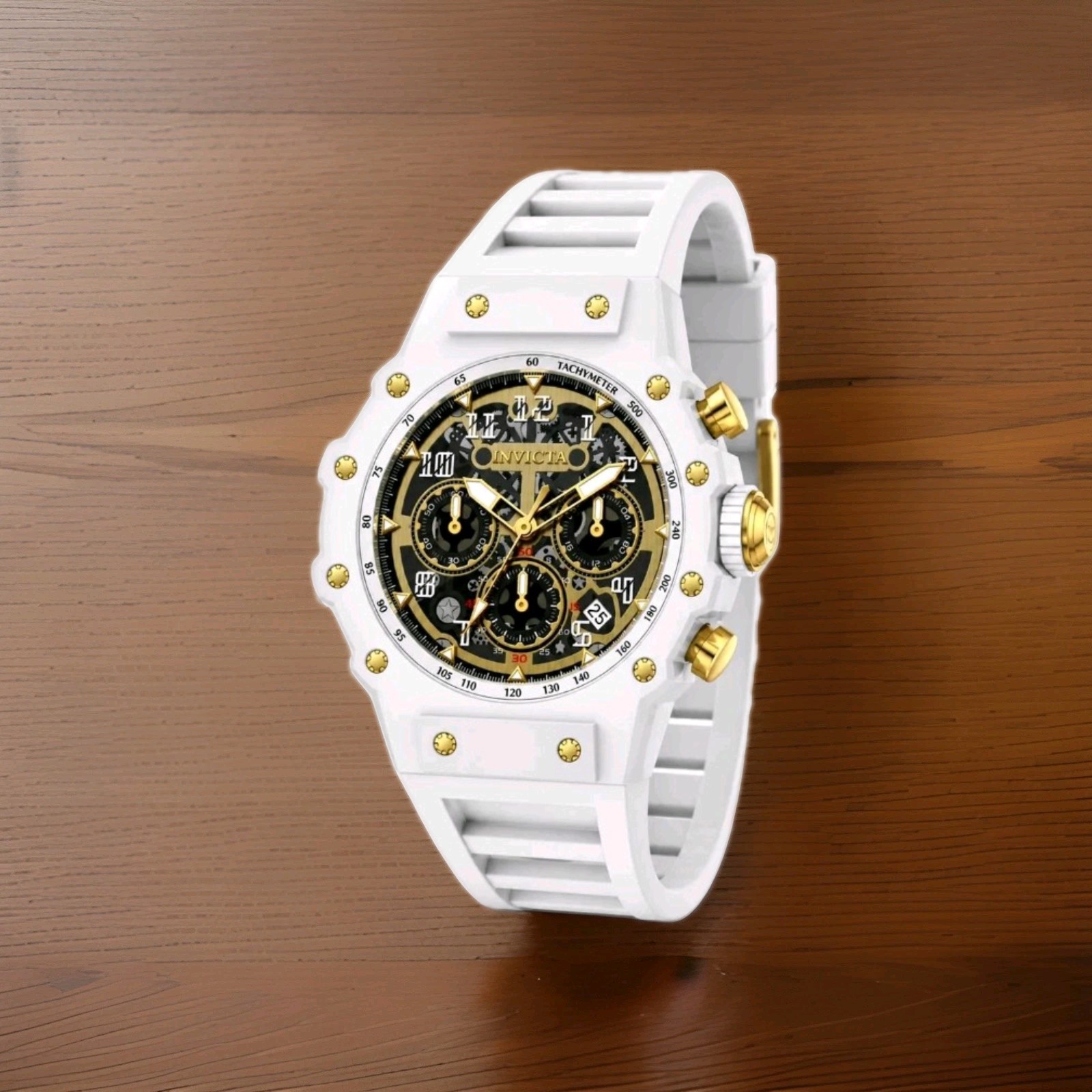 Invicta Racing 69649 Men White Skeleton Gold Dial Silicone Quartz Watch 43.5 mm