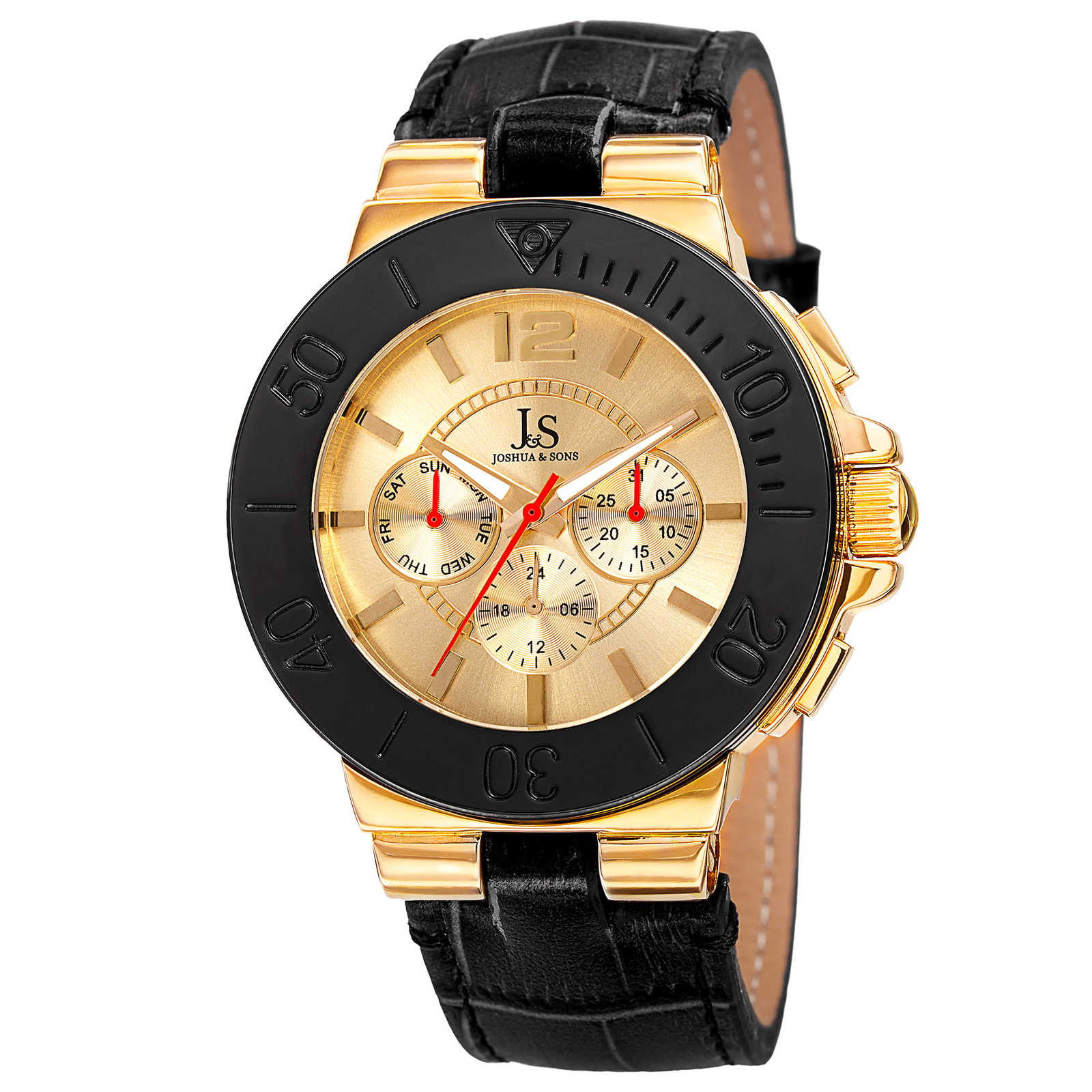 Men’s Joshua & Sons JS96YGB Two Time Zone Date Complication Leather Strap Watch