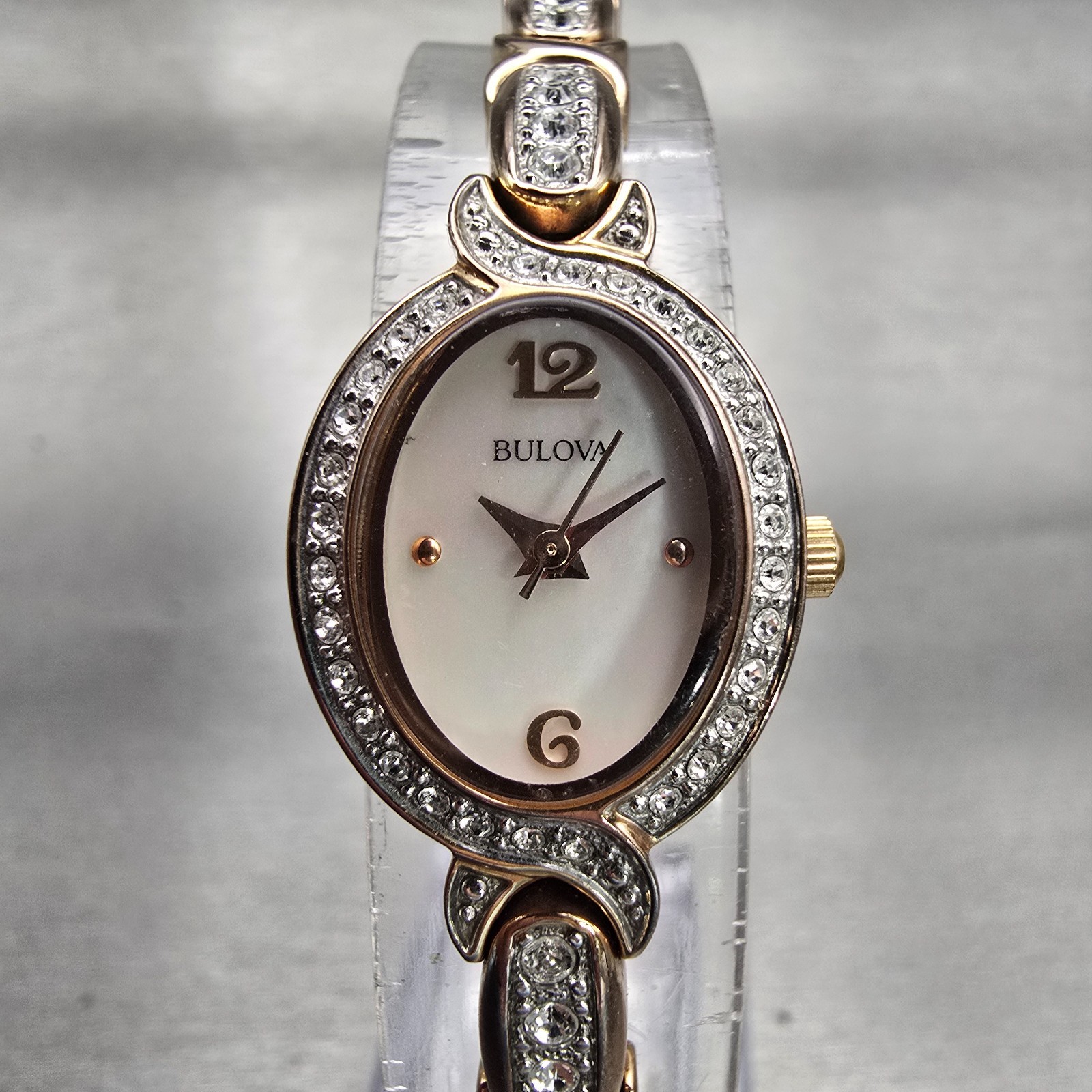 Bulova Watch Women 17mm MOP Dial Rose Gold Tone Gemmed Oval 98L200 New Battery