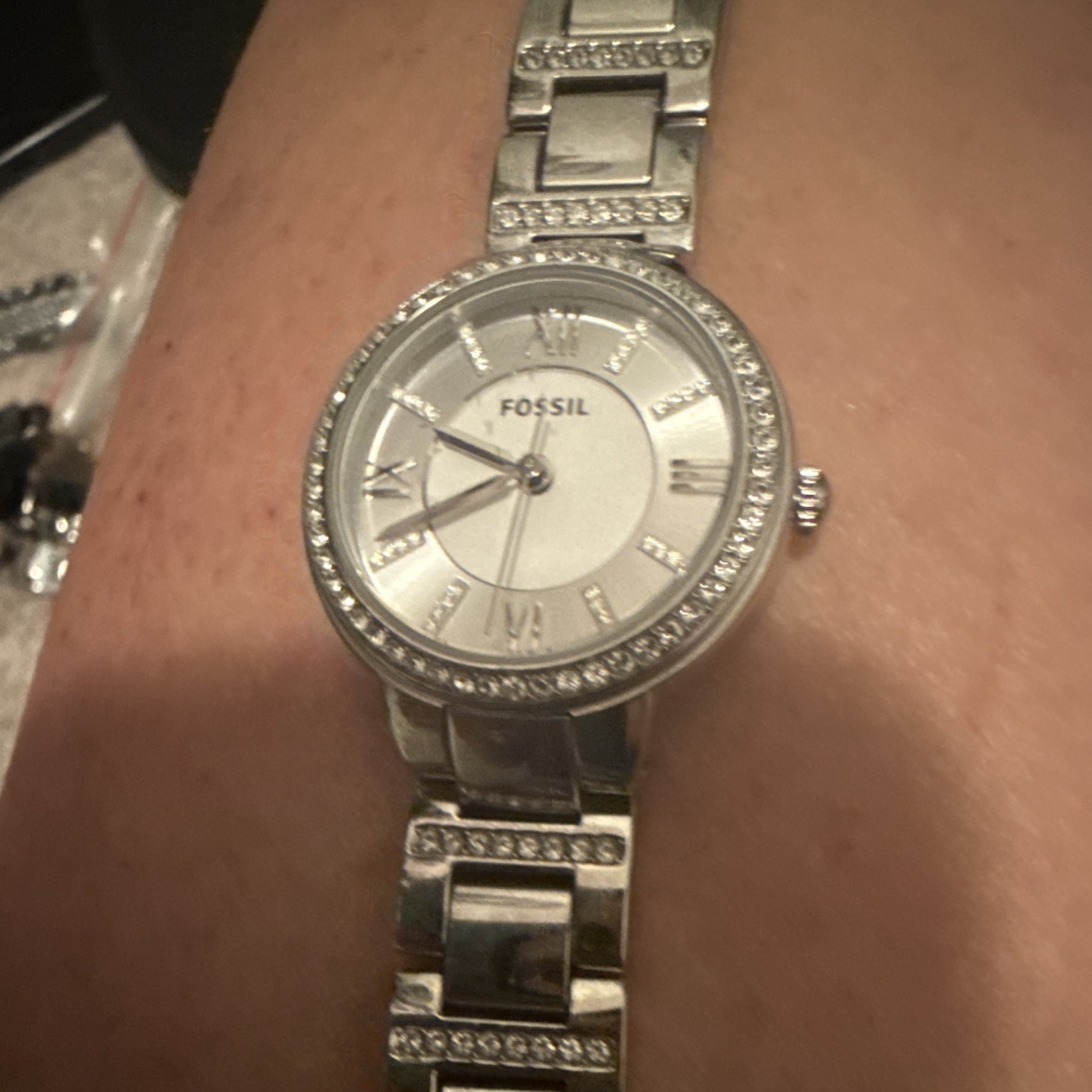 Fossil Women’s Silver Tone Analog Dress Watch Gem-Set Bezel Metal Bracelet