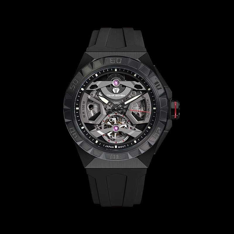Luxury Men’s Automatic Skeleton Watch 100M Waterproof Octagon Dial FKM Strap